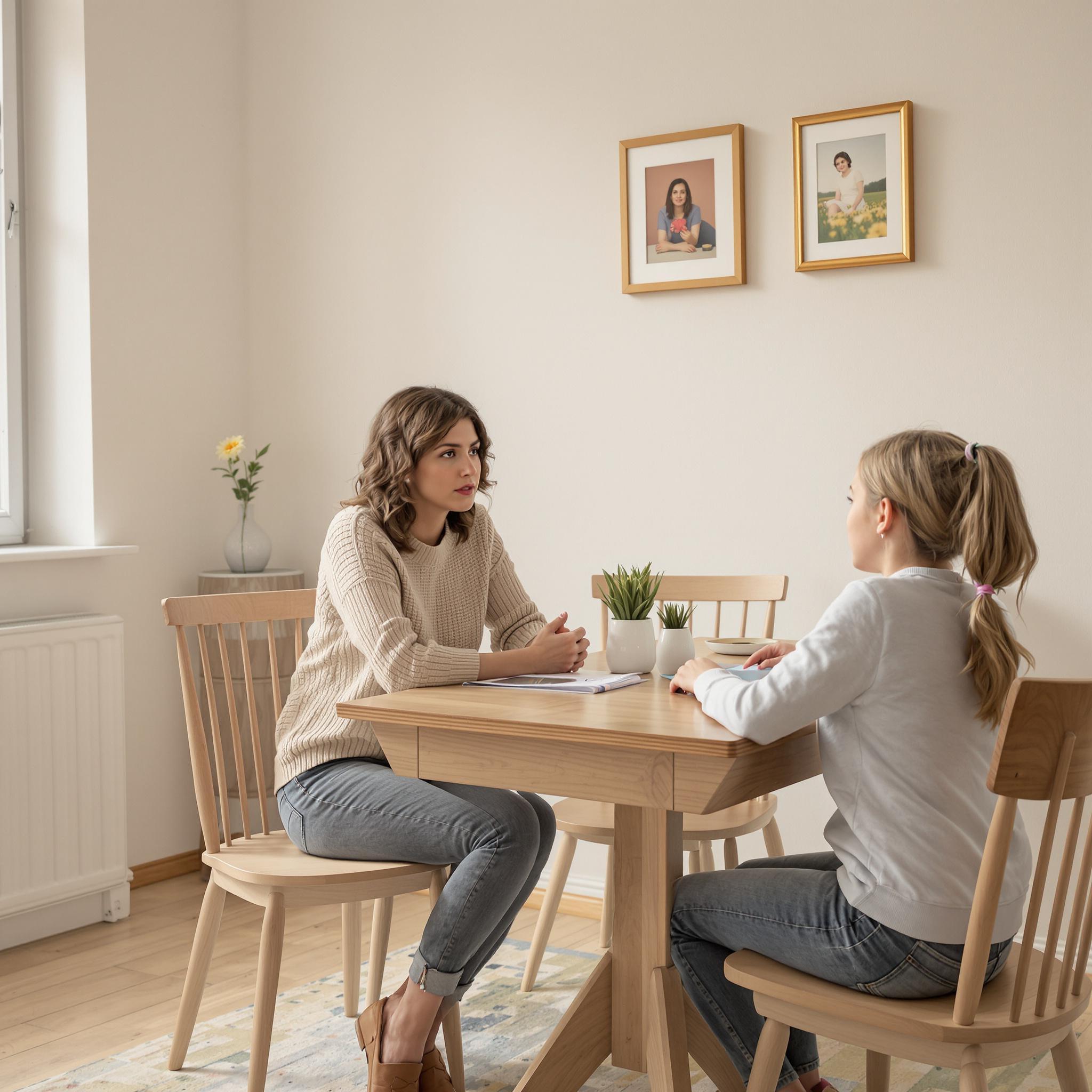 A mother sits at a dining table, speaking calmly with her young daughter, who listens attentively with a slightly uncertain expression.