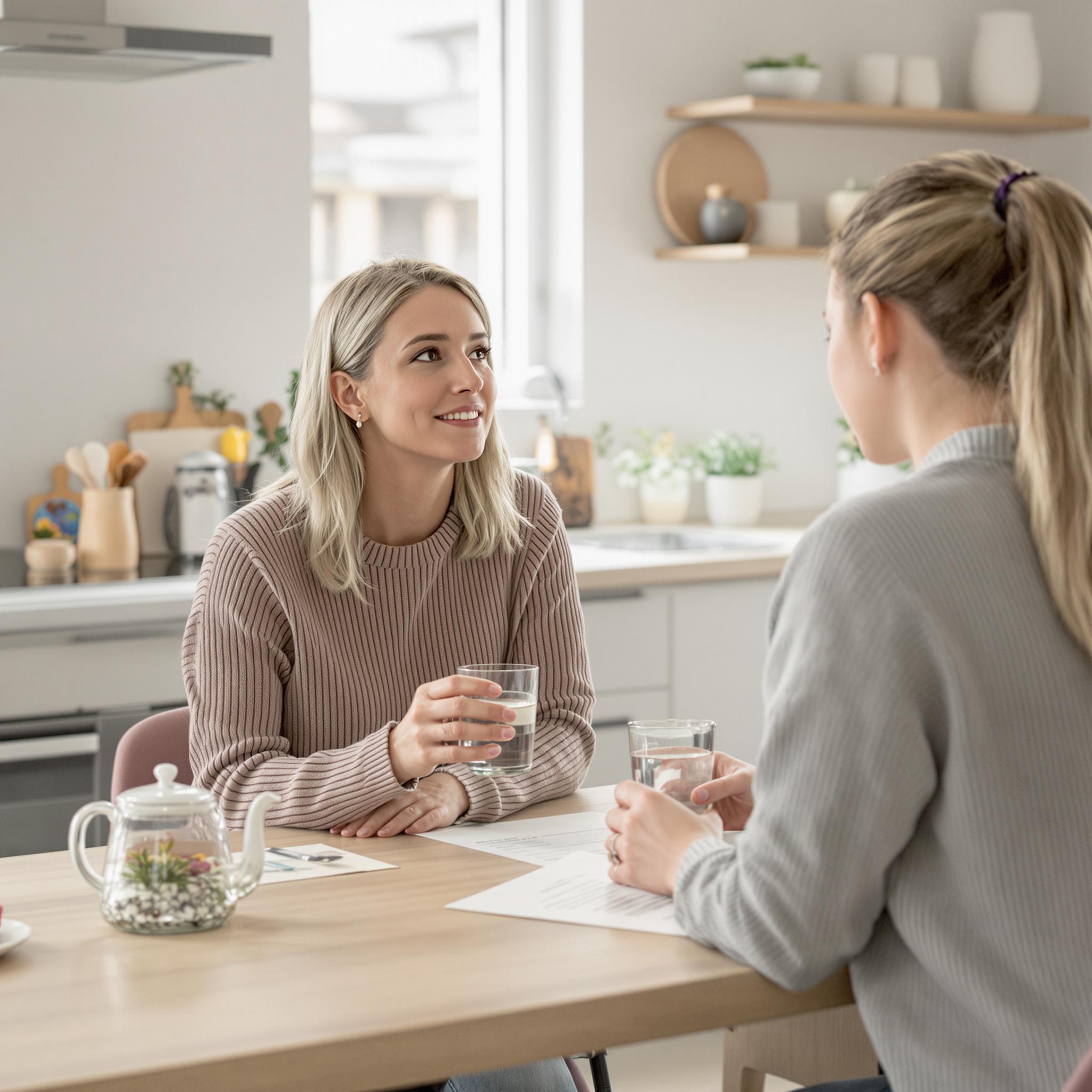 A mother and daughter sit at a kitchen table, engaged in a supportive conversation about self-care and hydration.