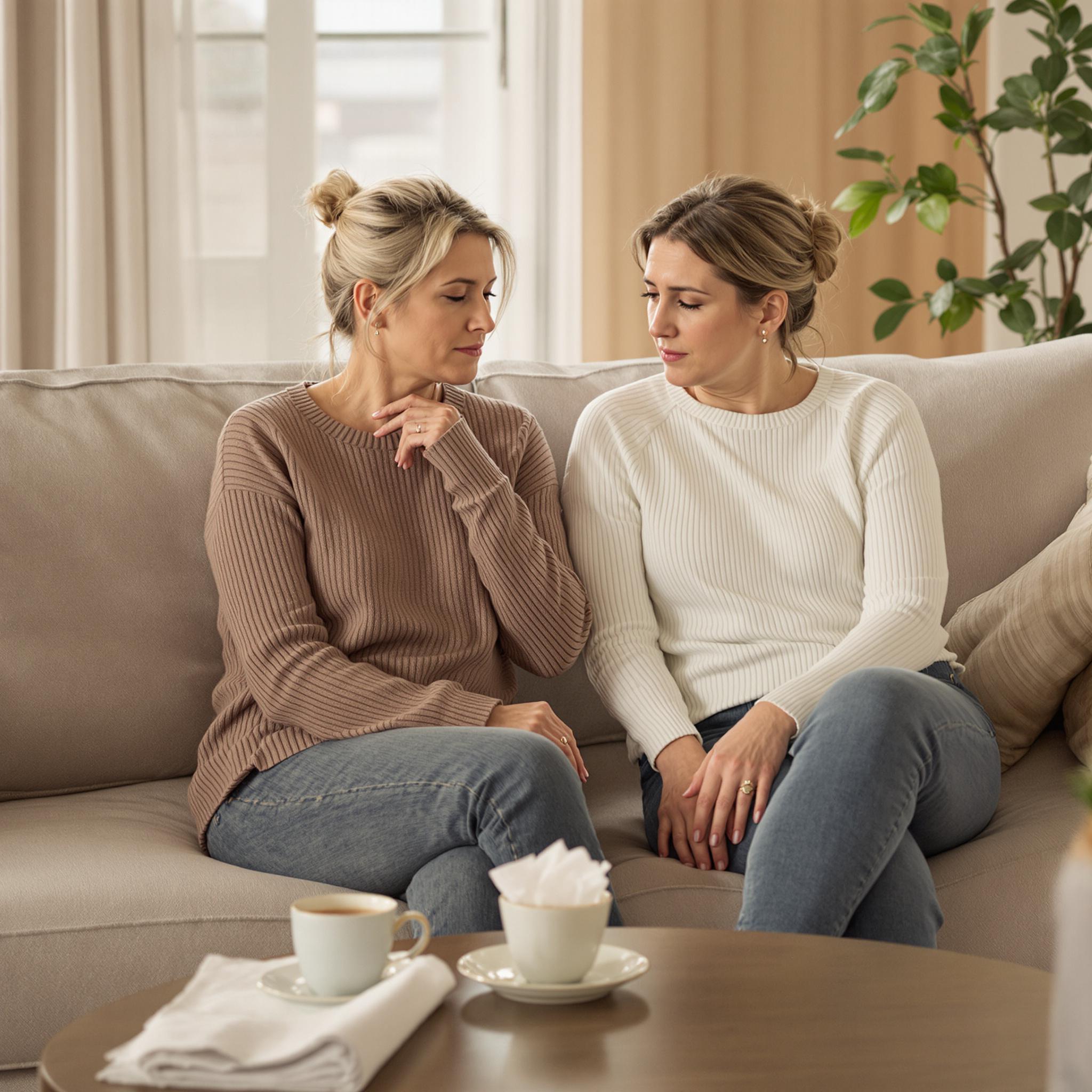 A distressed woman sits in a cozy living room, talking with a supportive friend who listens attentively.