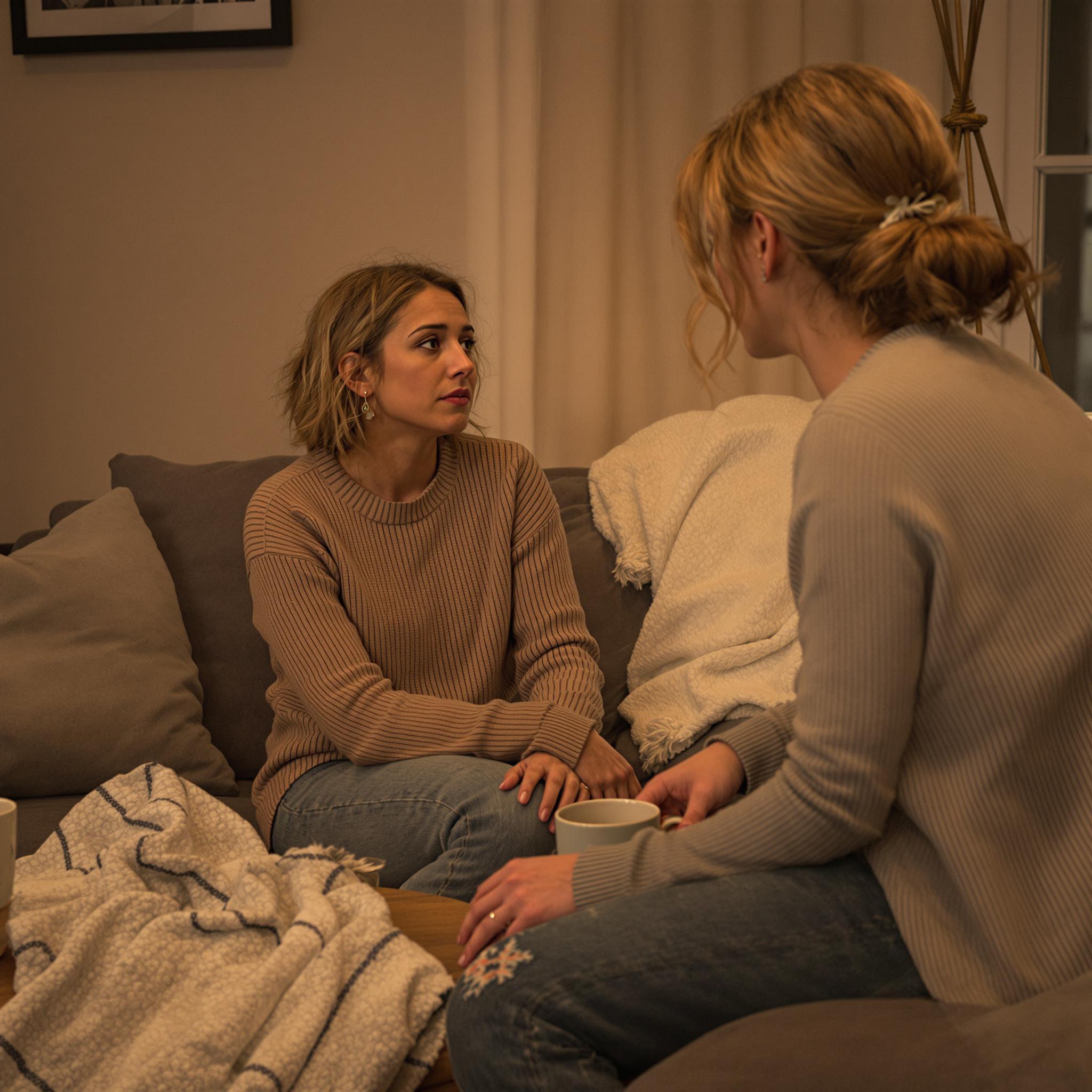 A woman sits on a couch, receiving emotional support from a close friend in a warm, softly lit living room.