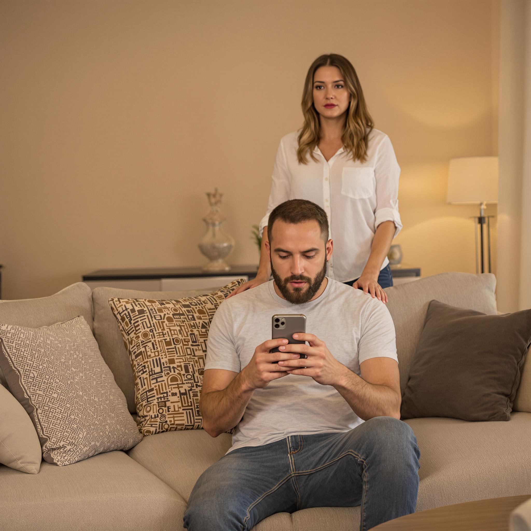 Husband sits on a couch, focused on his phone, while his concerned wife stands behind him, watching with suspicion.