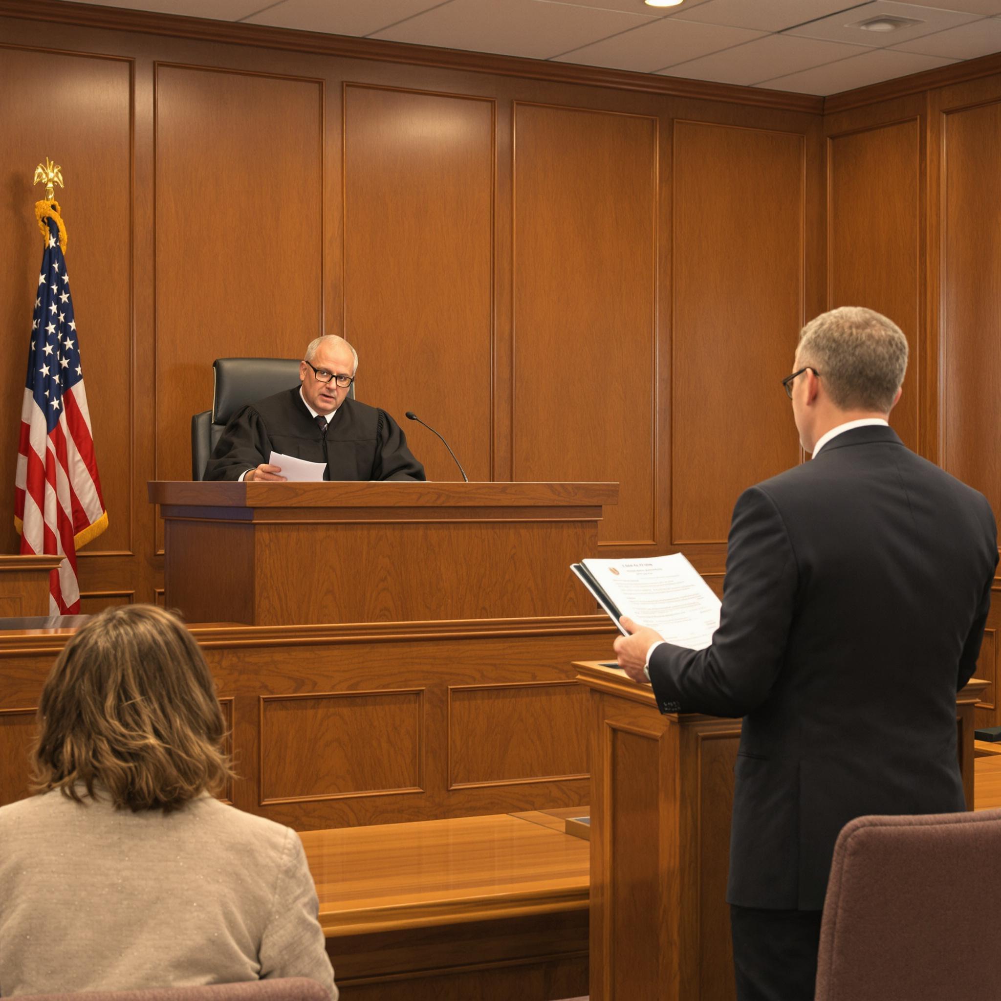 **Alt Text:** A judge listens as an attorney presents arguments in a courtroom annulment hearing, while a petitioner attentively observes.