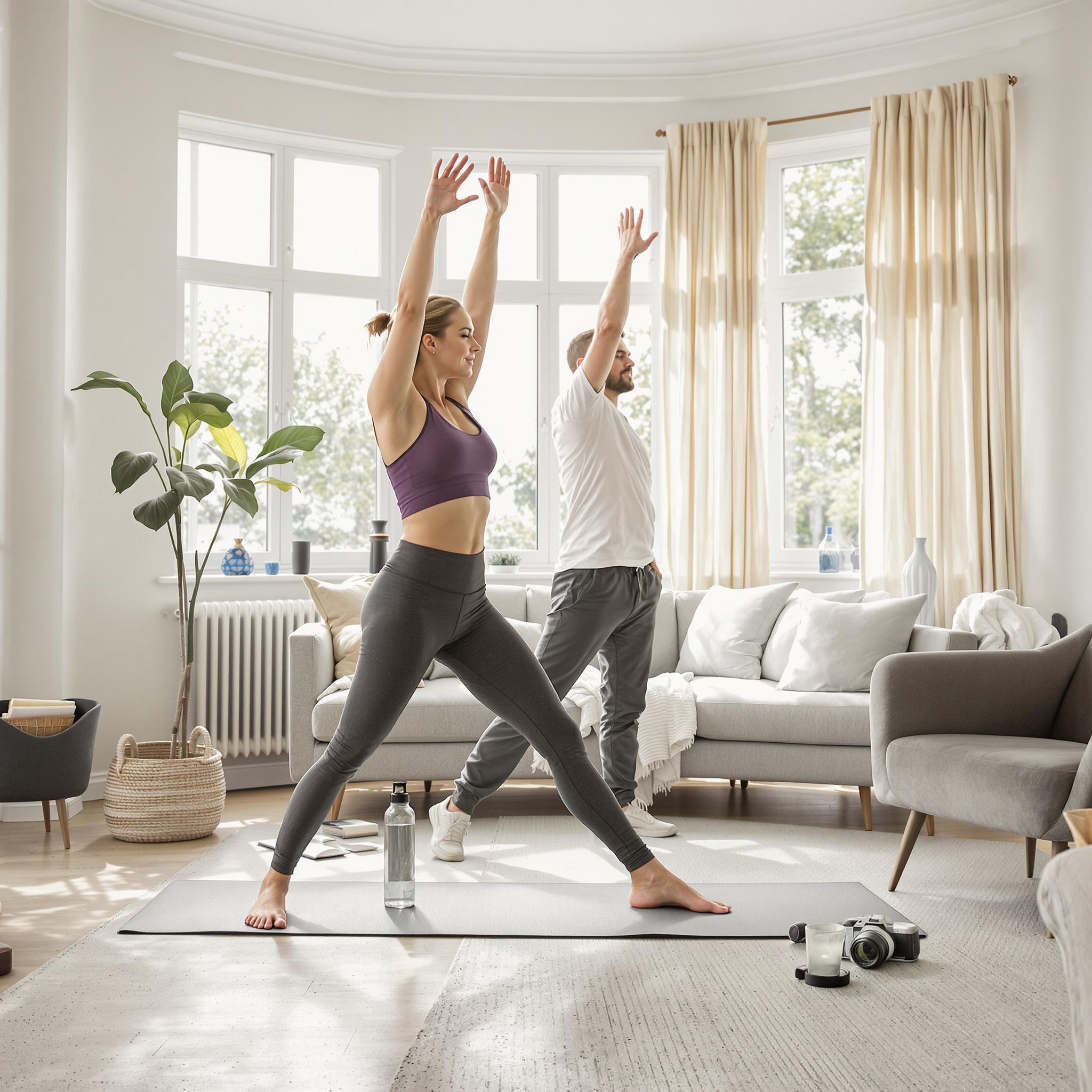 A man and woman stretch in a bright living room, engaging in a light home workout for relaxation and well-being.