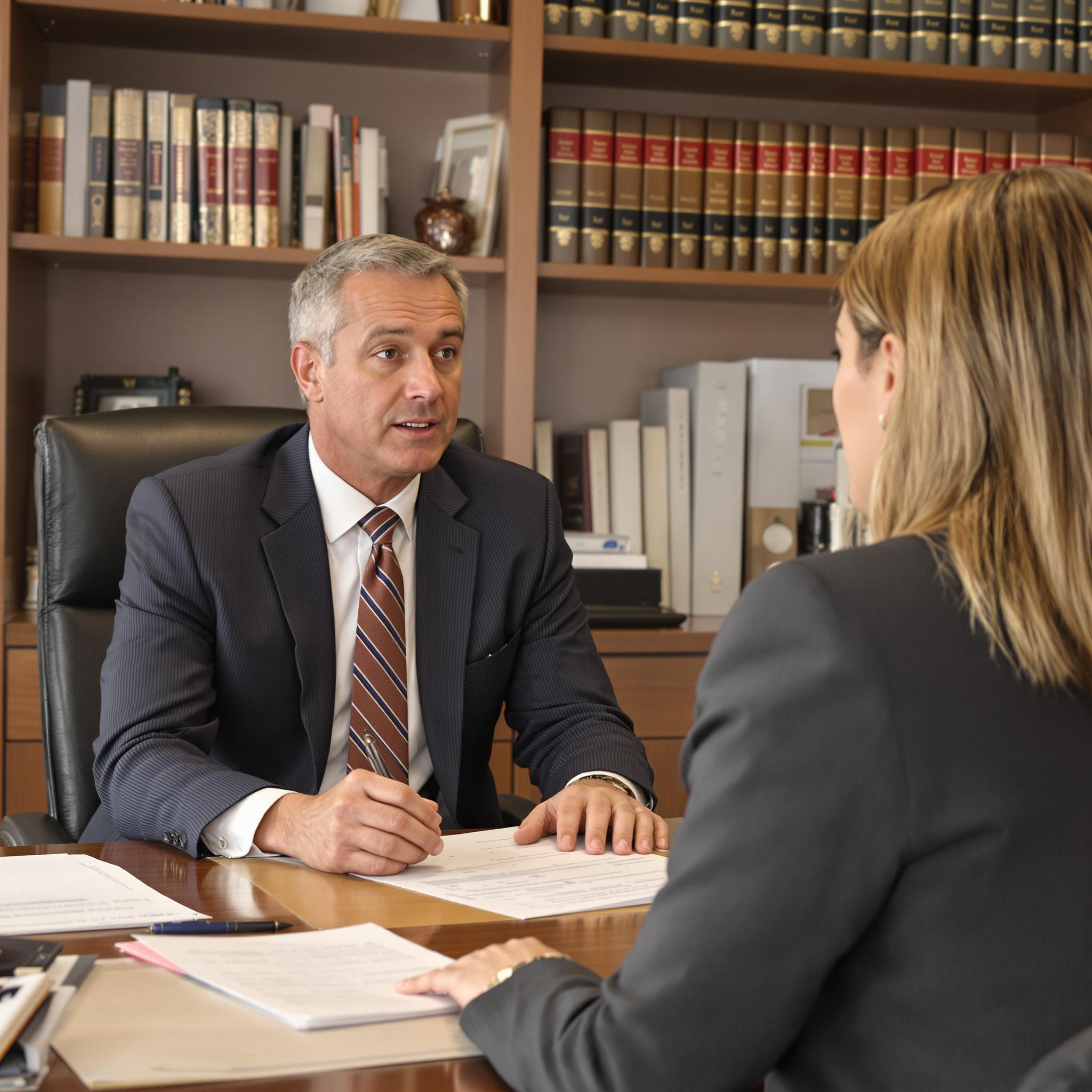 A divorce attorney advises a concerned client in a professional office, discussing legal options in a serious yet reassuring setting.