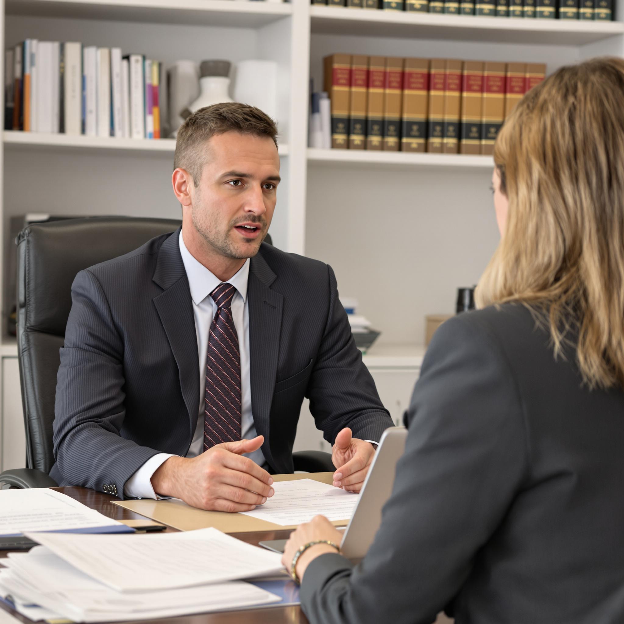 A family law attorney discusses a child custody case with a concerned client in a professional office setting.