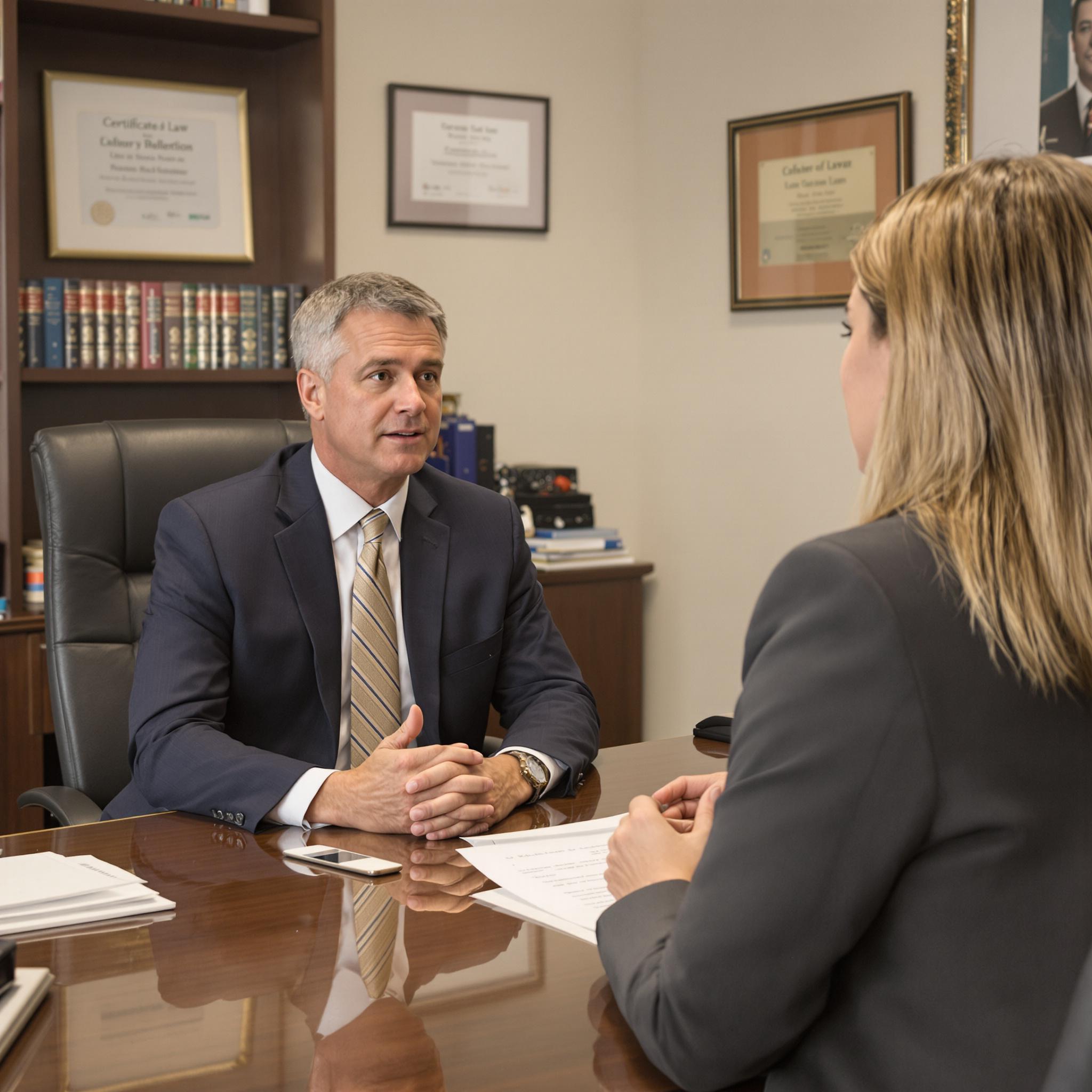 A lawyer consults with a client about legal separation in a professional office, maintaining a serious yet supportive atmosphere.