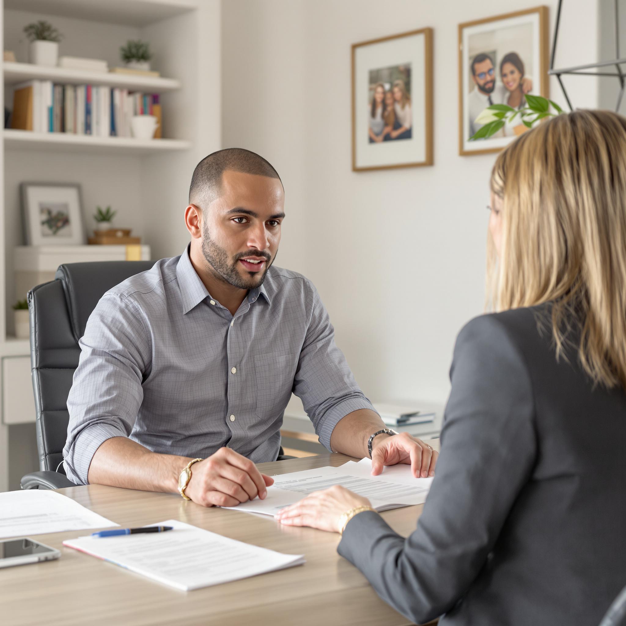 A father consults with a family law attorney in his home office, reviewing documents and discussing child custody preparations.