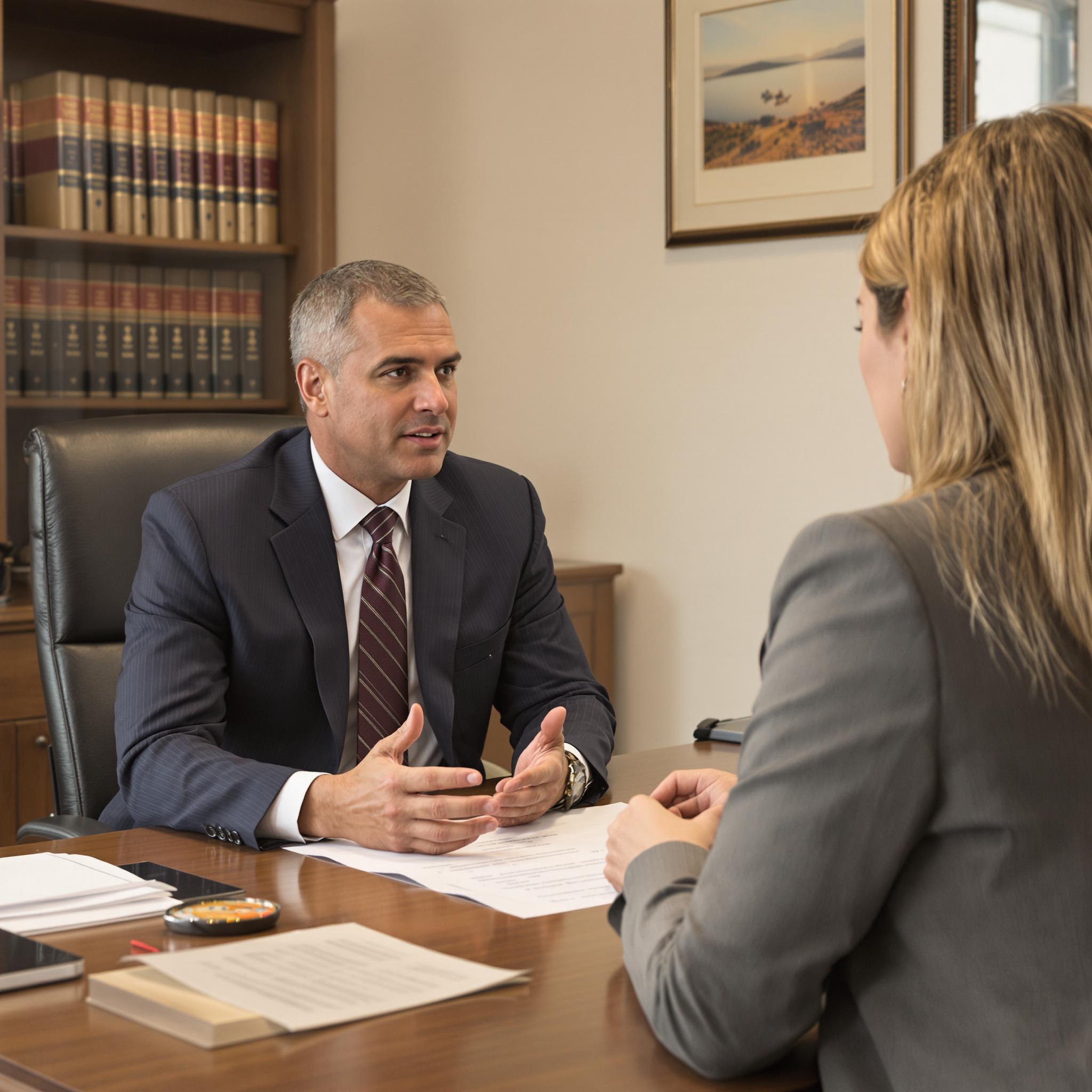 A divorce lawyer in a suit discusses legal options with a concerned client in a professional office setting with legal books and papers.