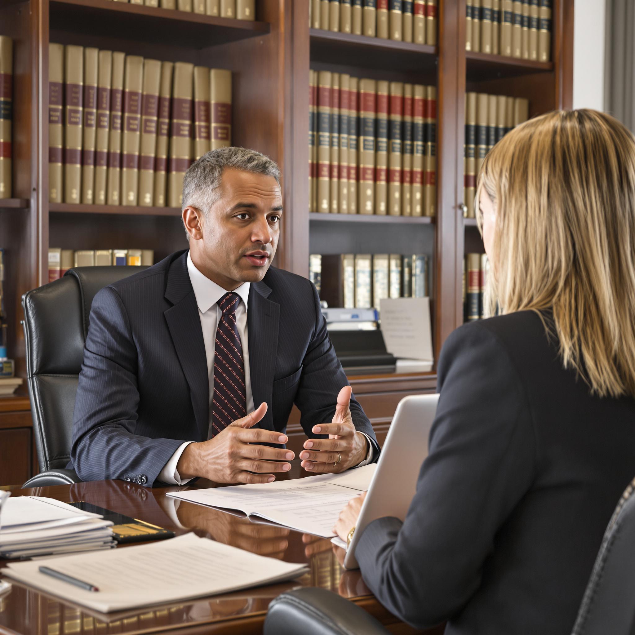 **Alt Text:** A divorce attorney in a suit consults with a client in a law office, discussing legal options in a professional setting.