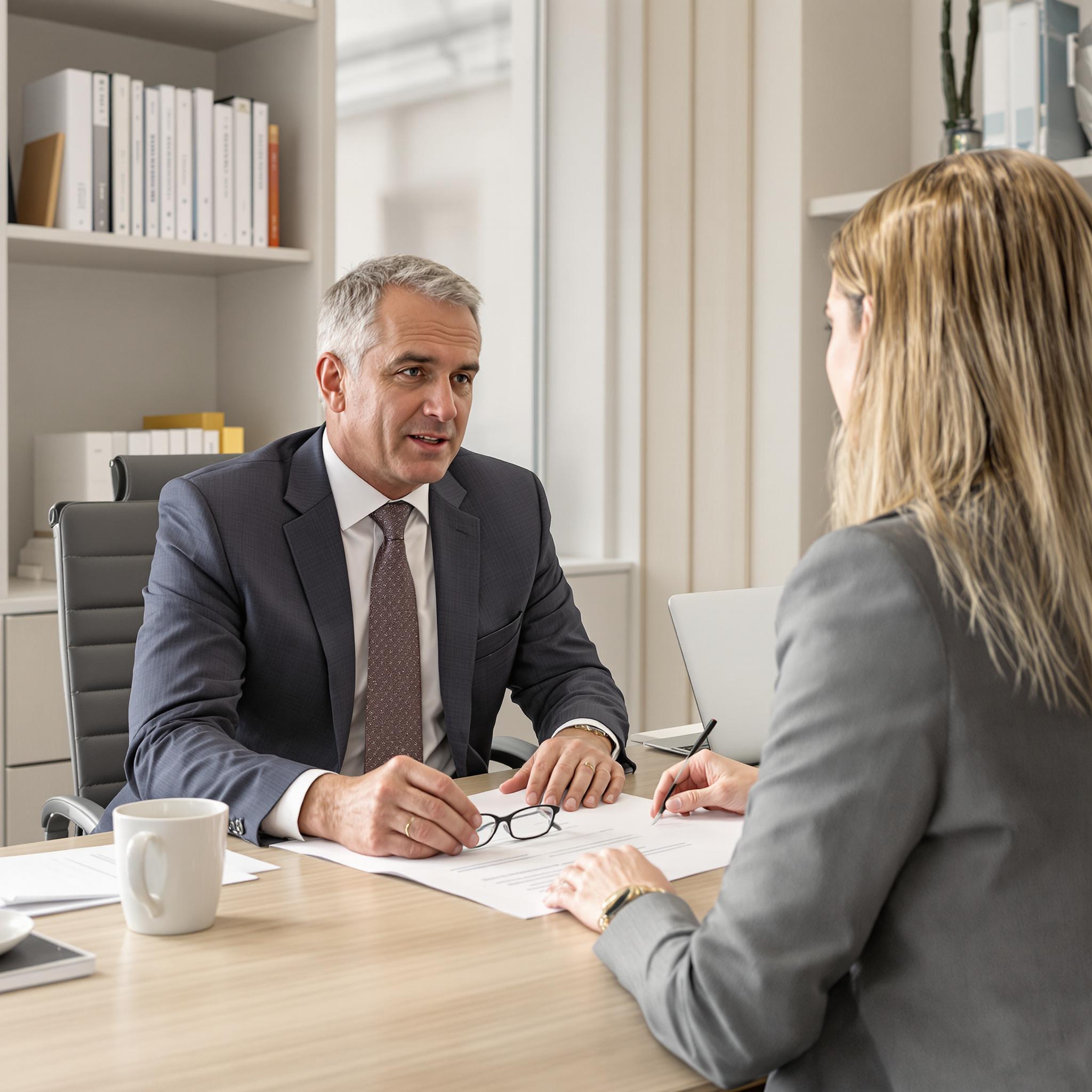 A financial advisor consults a client on divorce planning in a professional office, reviewing documents together.