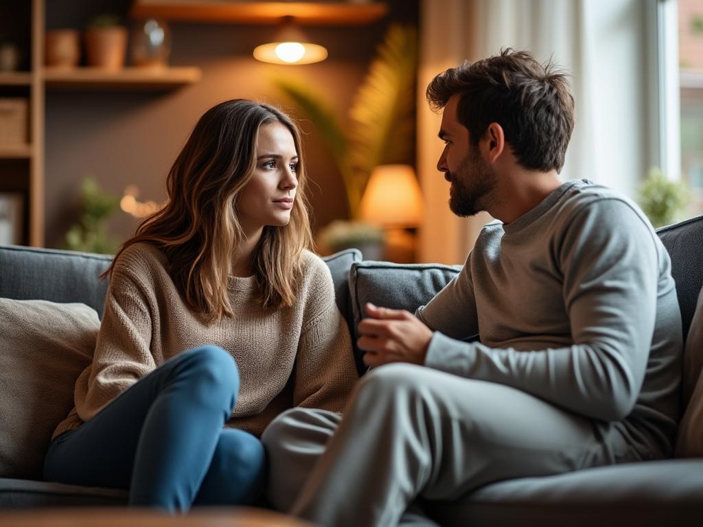 Two friends engage in a heartfelt conversation on a cozy couch, providing emotional support in a warm living room.