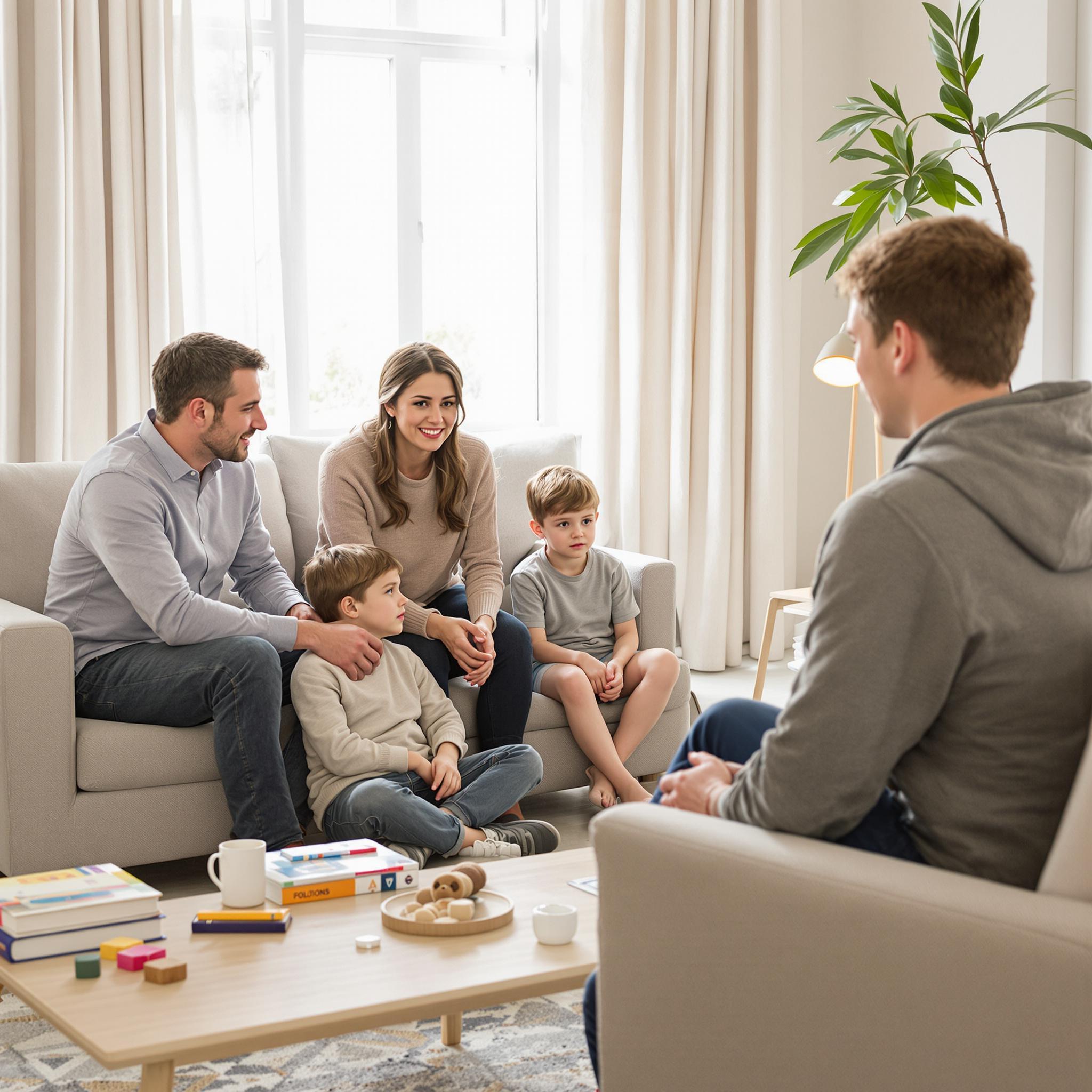 **Alt Text:** Parents sit with their two children in a warm living room, having a serious yet supportive conversation about family changes.