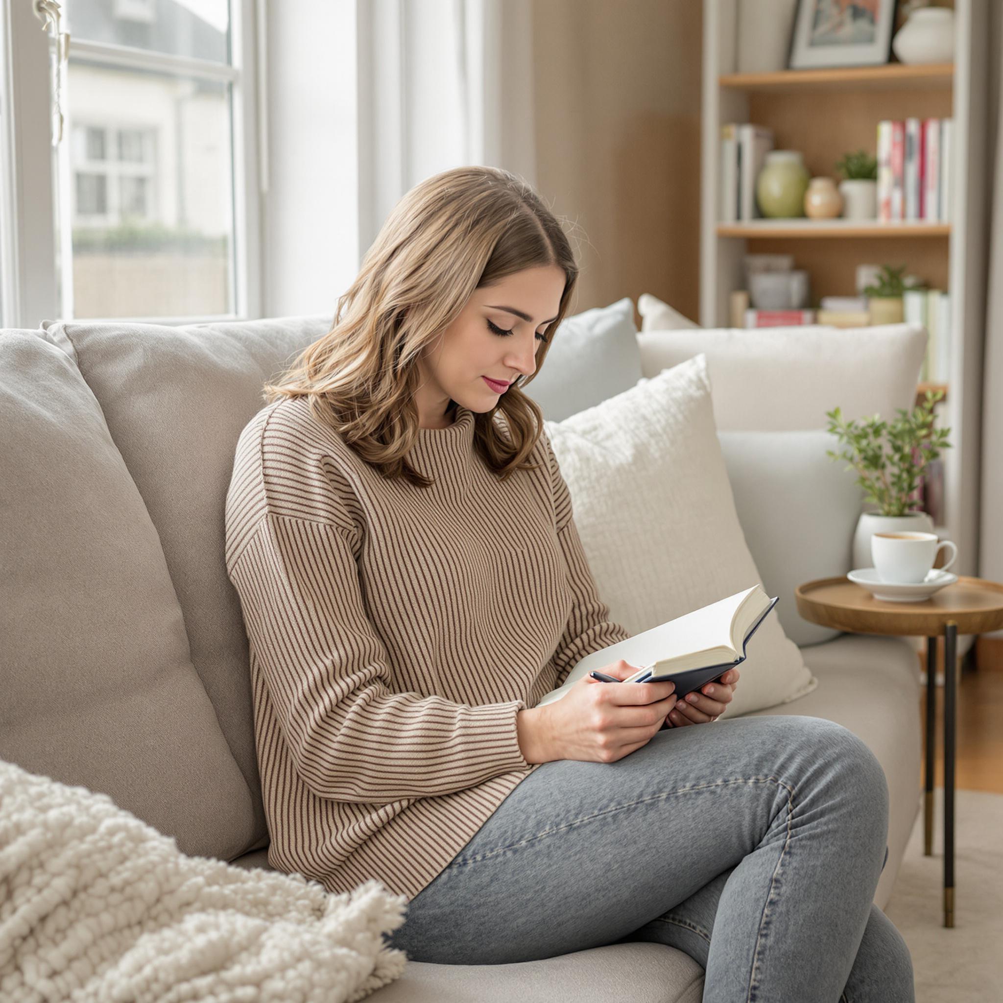 A woman sits on a cozy couch, journaling in a softly lit living room, reflecting as part of her self-care routine.