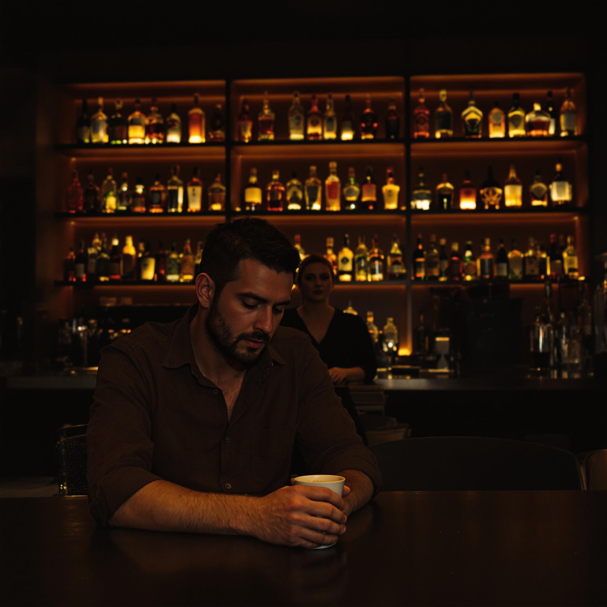 A man in evening attire sits at a dimly lit bar, deep in thought, speaking to a bartender who listens attentively.