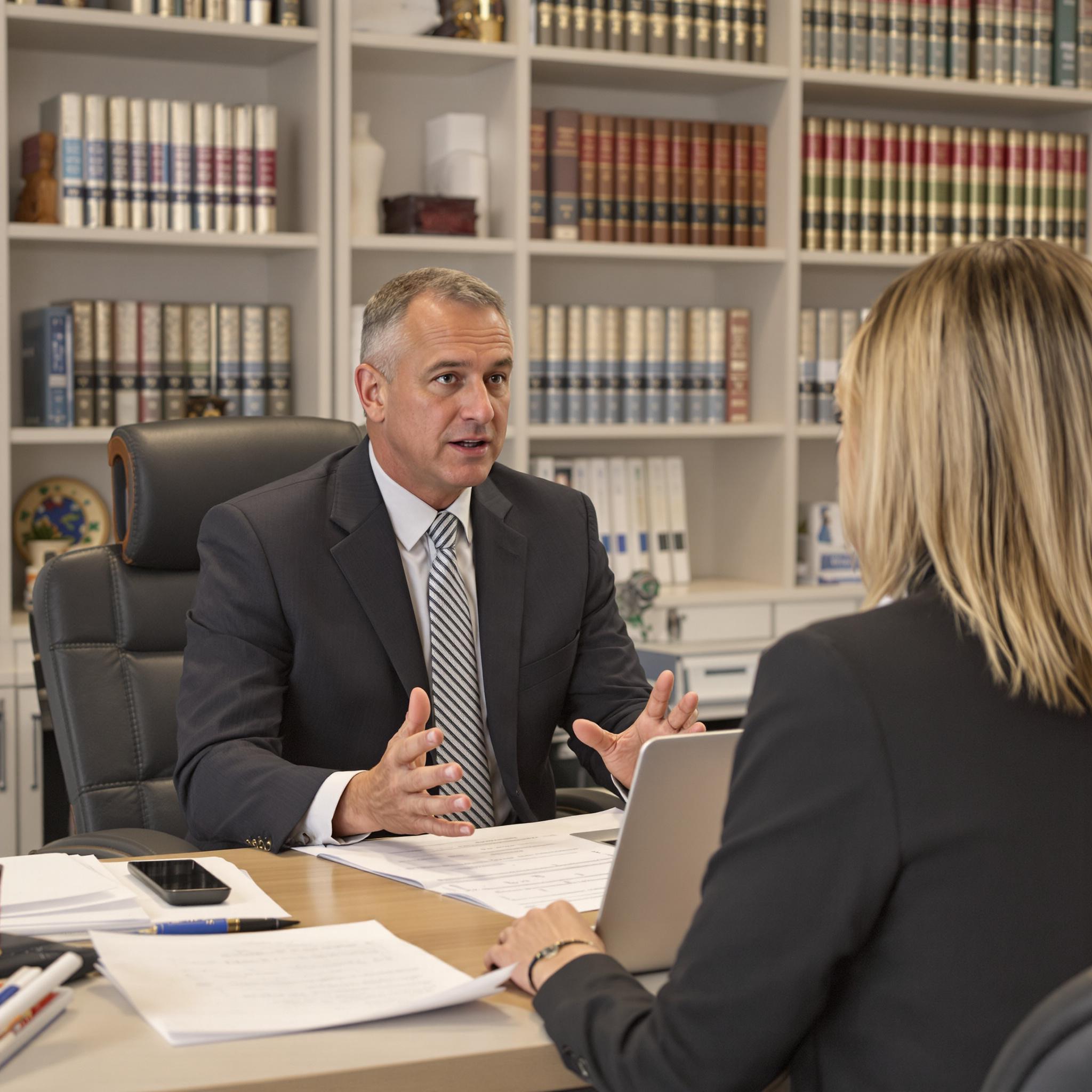 A family law attorney consults two women about legal options for leaving a polygamous marriage in a professional office setting.