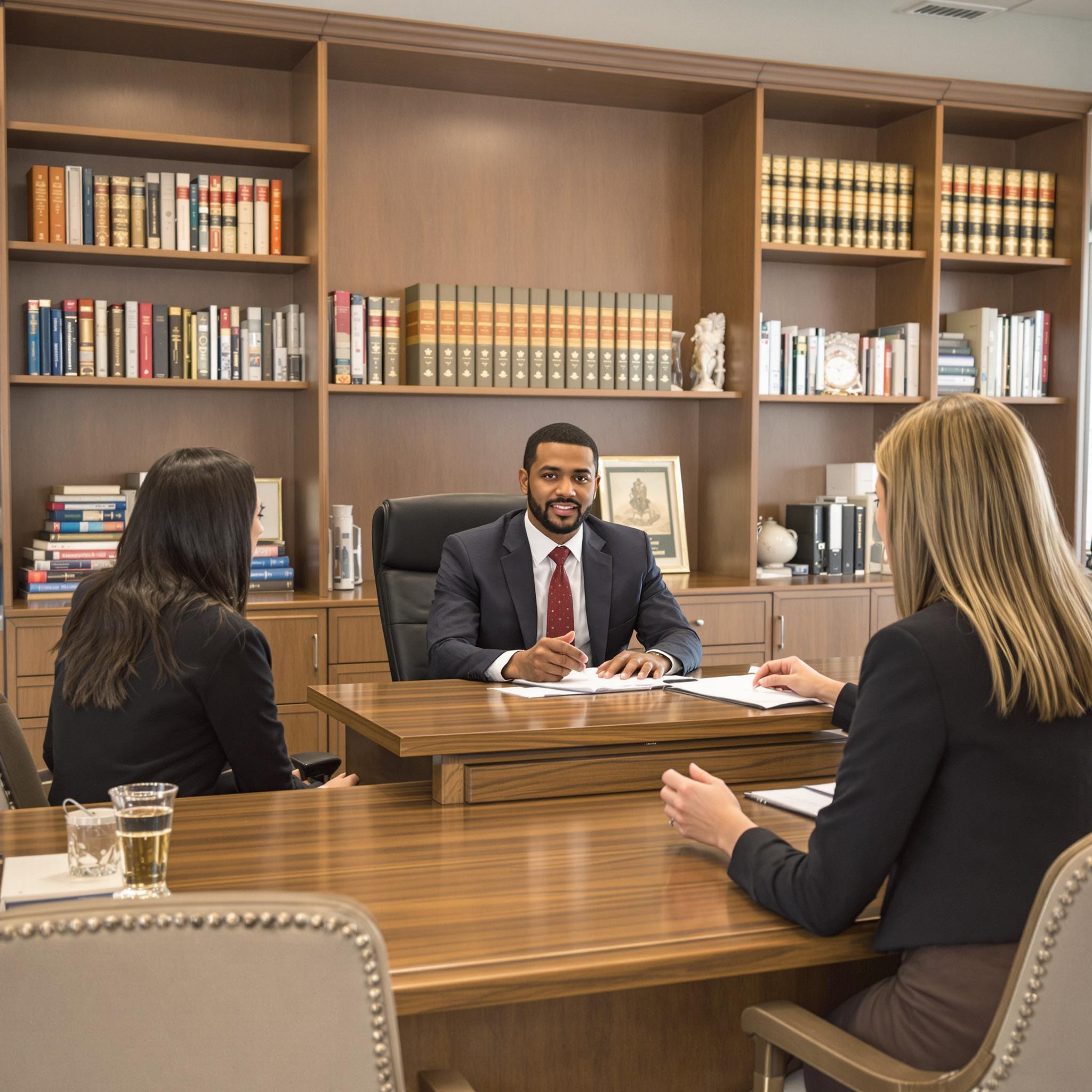 A divorce attorney consults two women in a law office, discussing legal options related to polygamous marriage and property division.