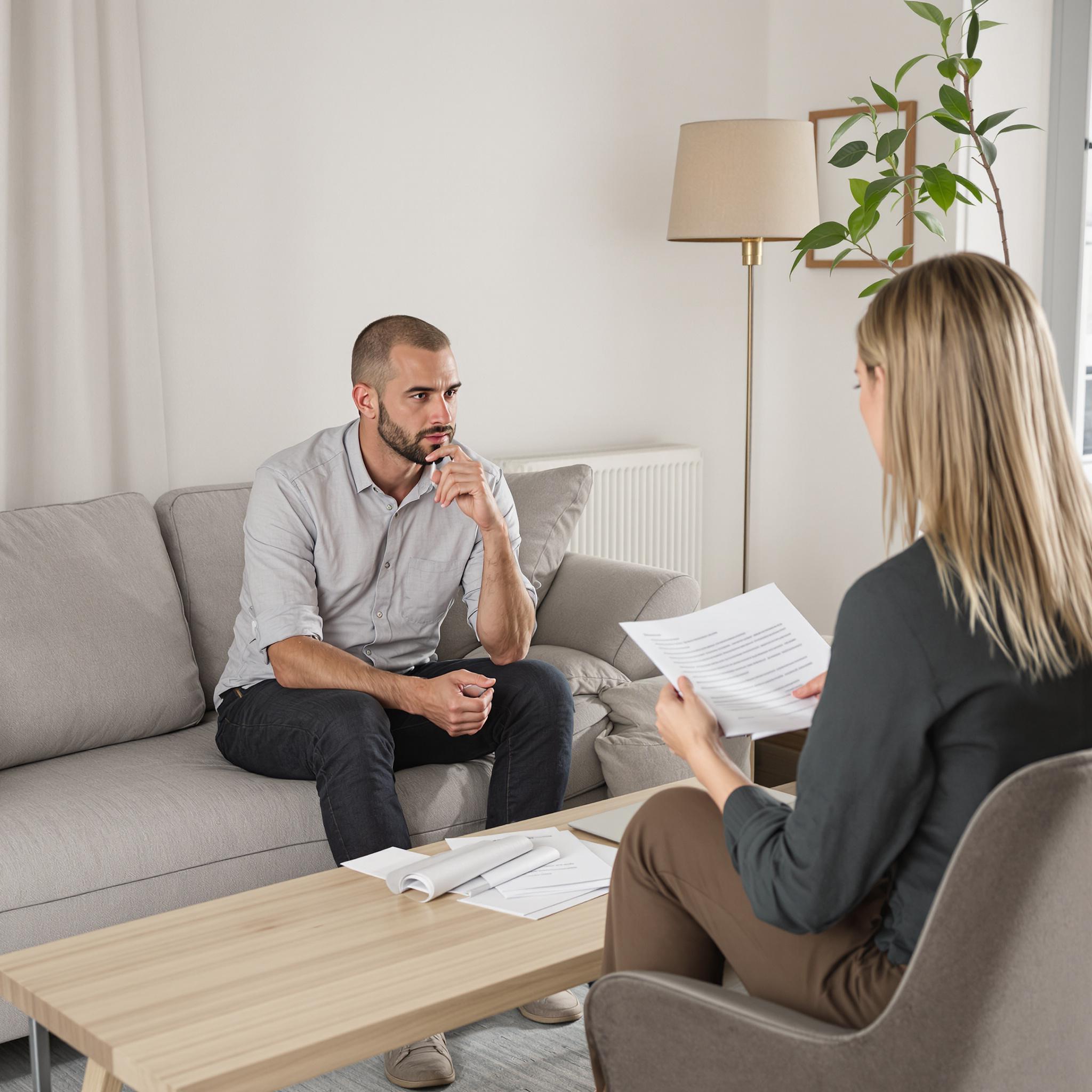 A married couple sits in a living room, discussing financial arrangements for their separation with papers and a laptop on the table.