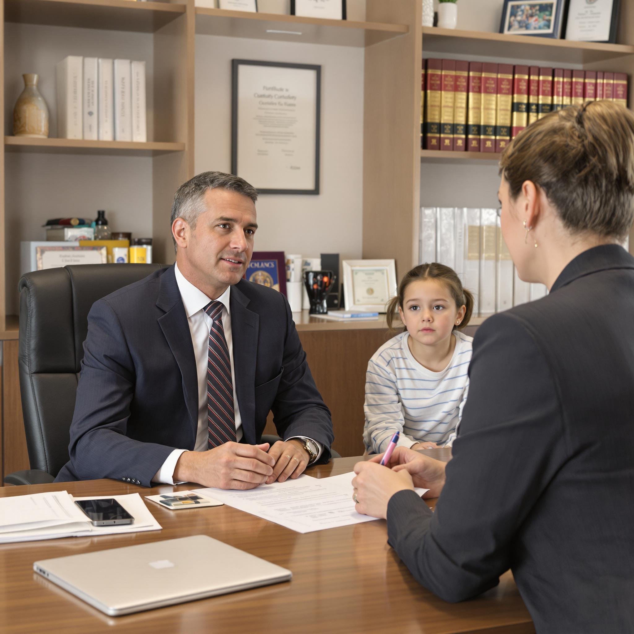 A concerned parent consults a family law attorney about child custody while their young child listens quietly beside them in an office.