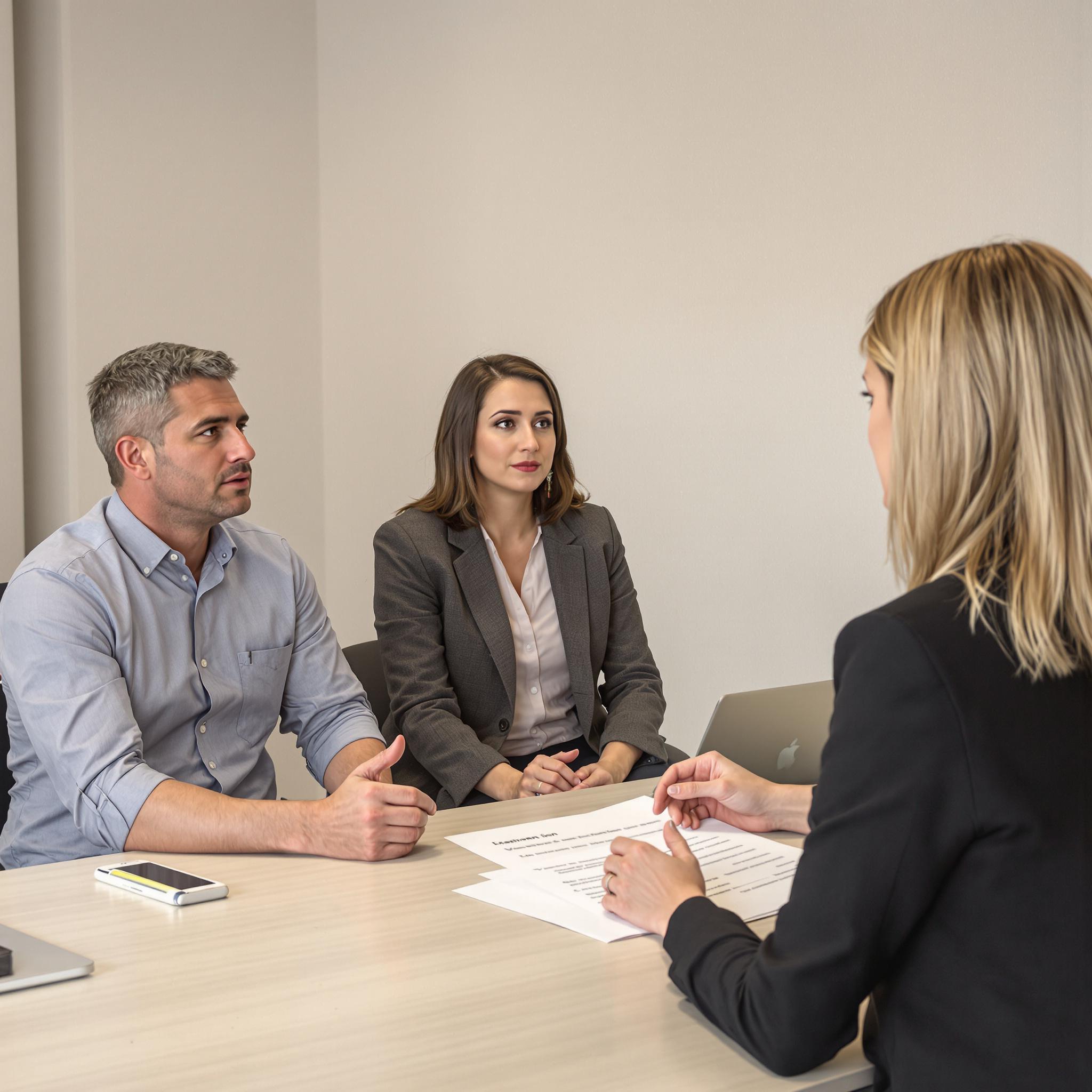 A couple consults a lawyer in a professional office, discussing divorce preparations with a serious yet constructive atmosphere.