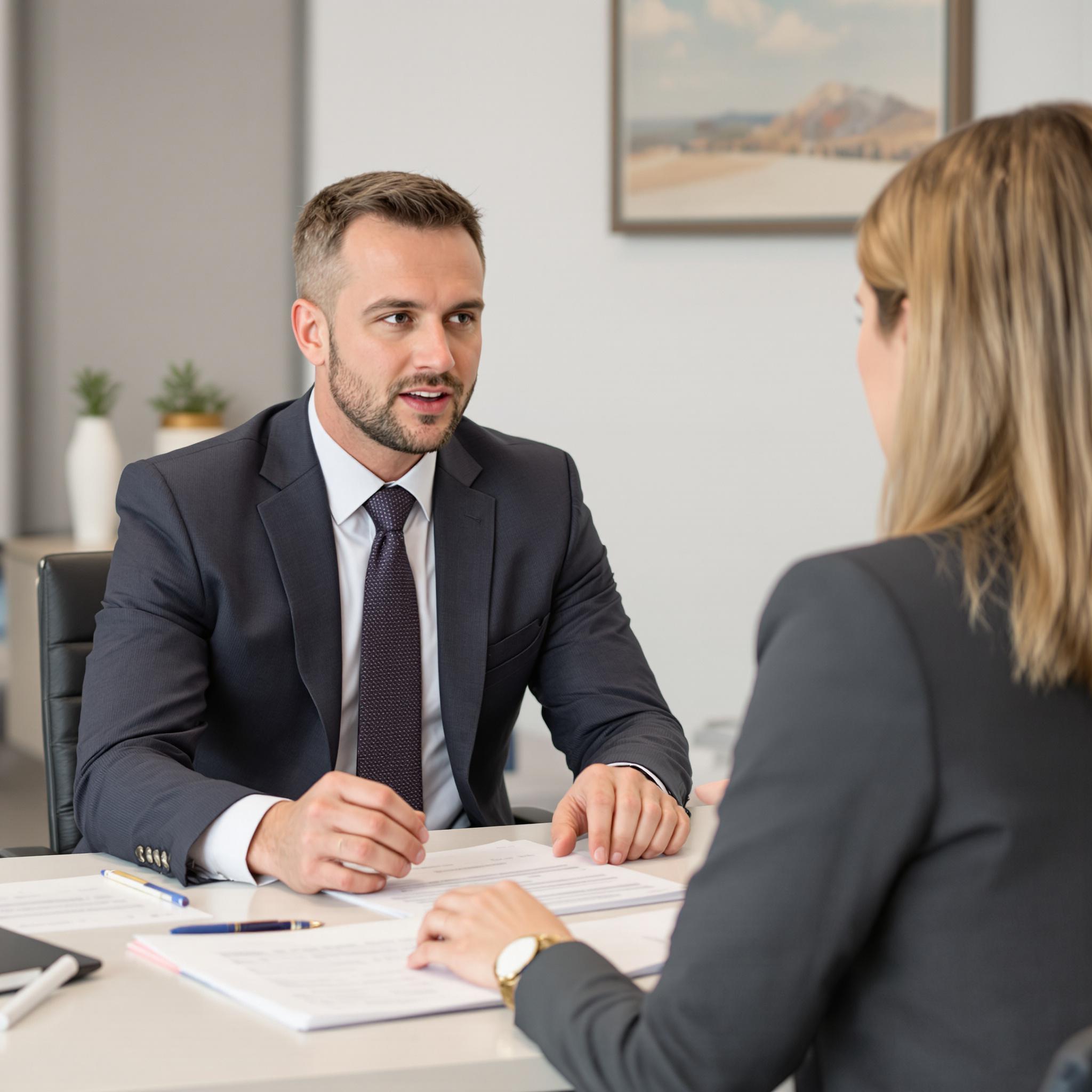 A financial planner discusses budgeting with a recently divorced woman in a professional office setting.