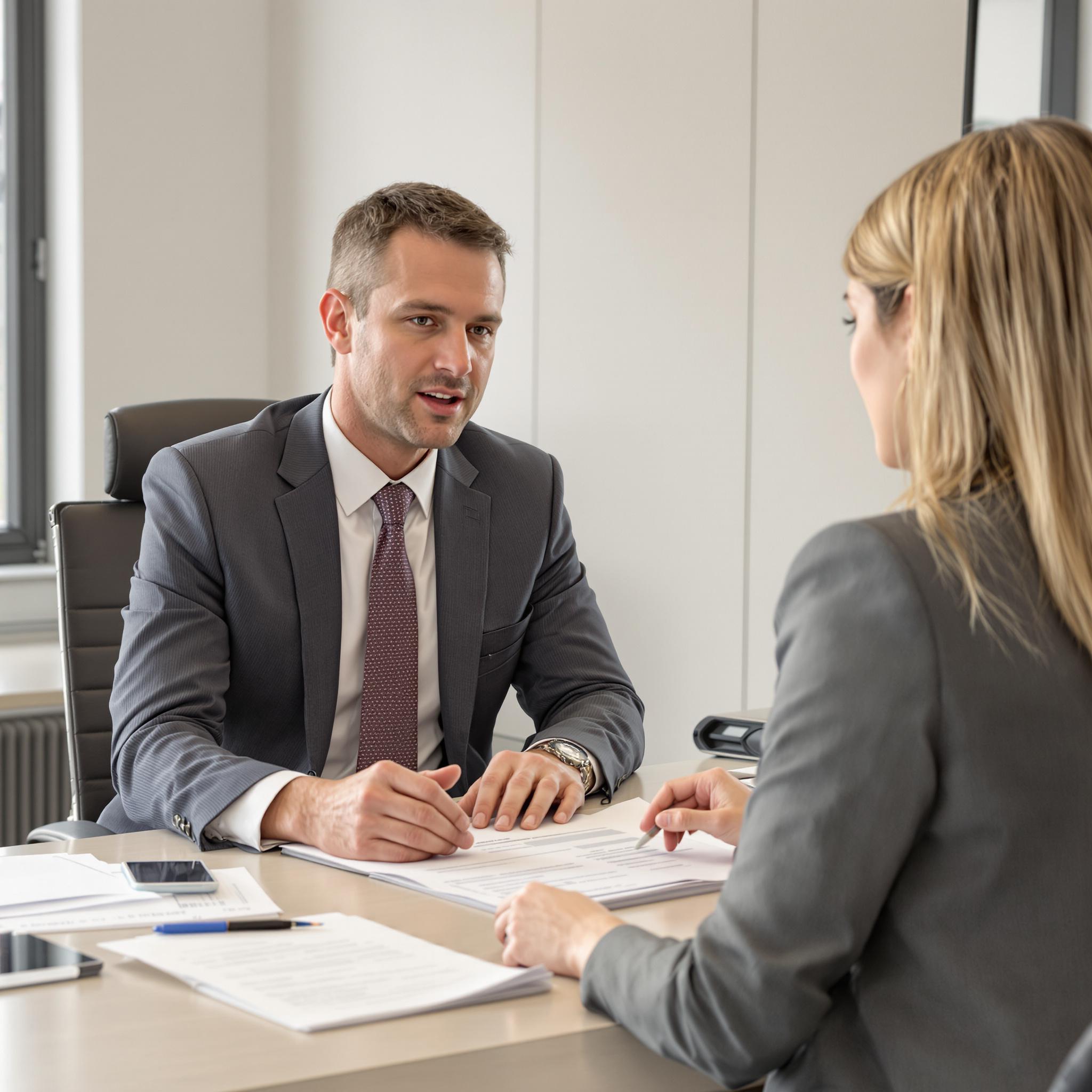 A financial planner discusses post-divorce budgeting with a client in a professional office setting.