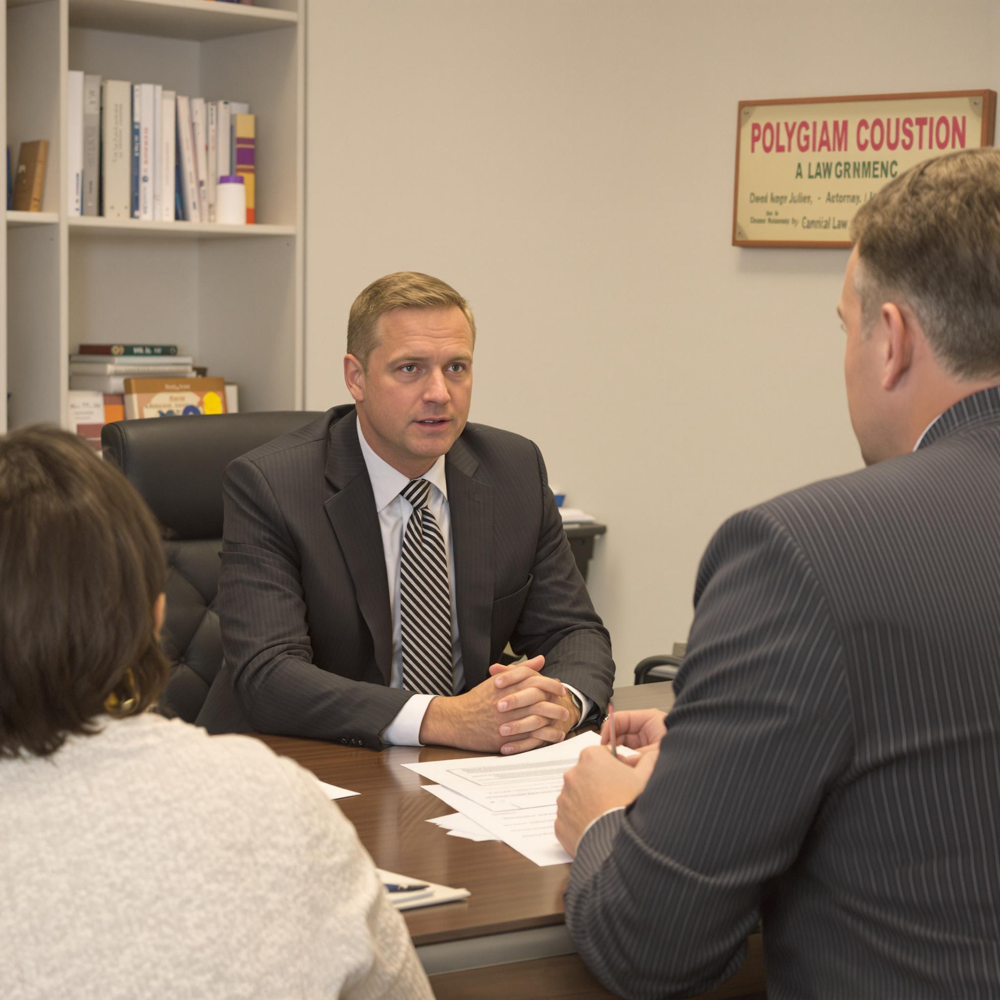 A family law attorney advises two clients on financial matters during a polygamist divorce consultation in a professional office.