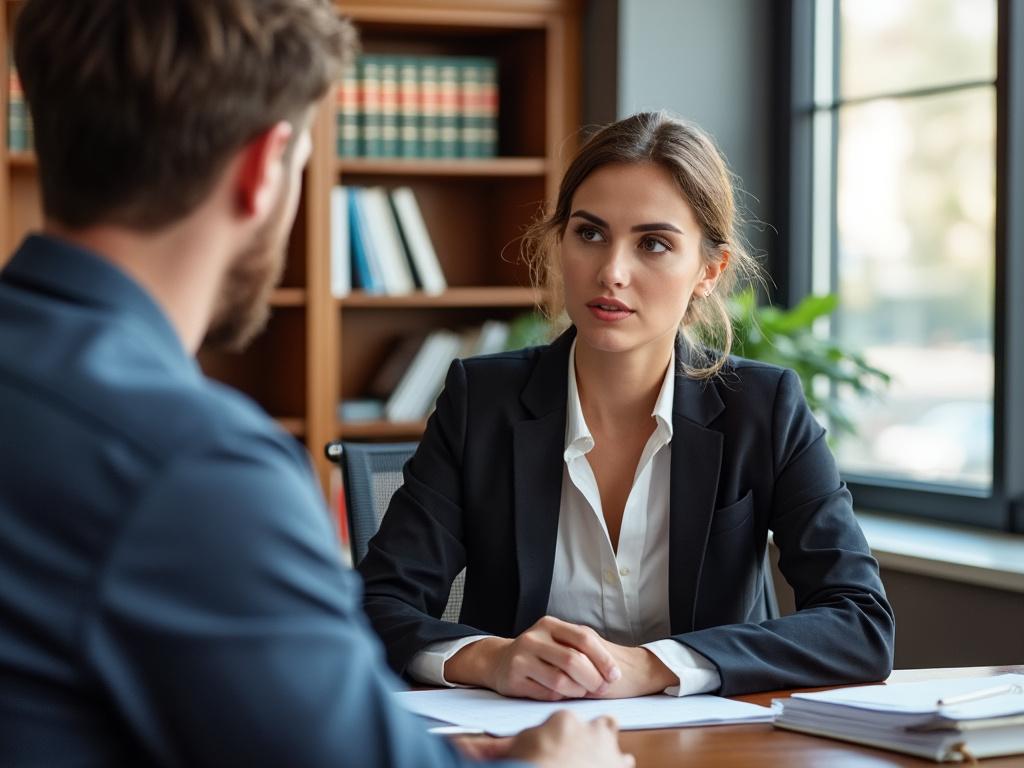 A family law attorney engages attentively with a client about spousal support in a professional office setting.