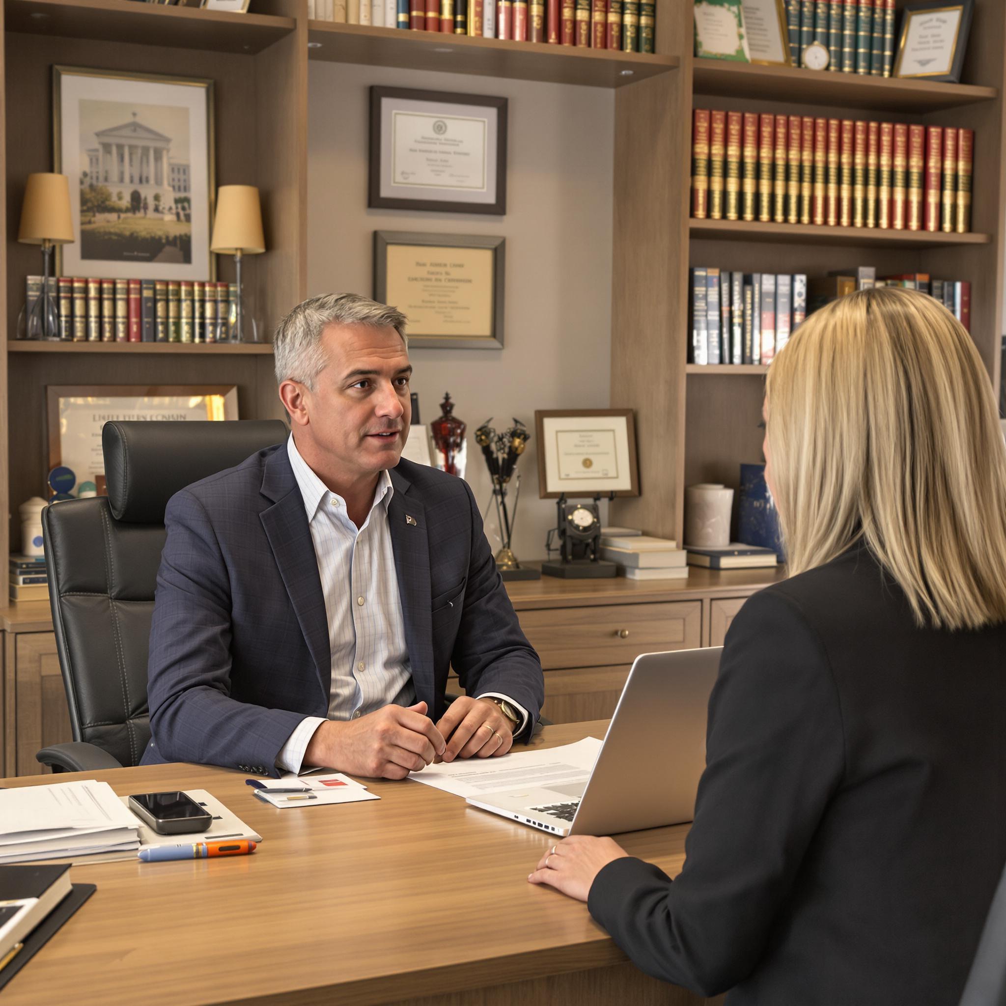 A divorce attorney and client discuss legal matters in a professional office with legal documents and books in the background.