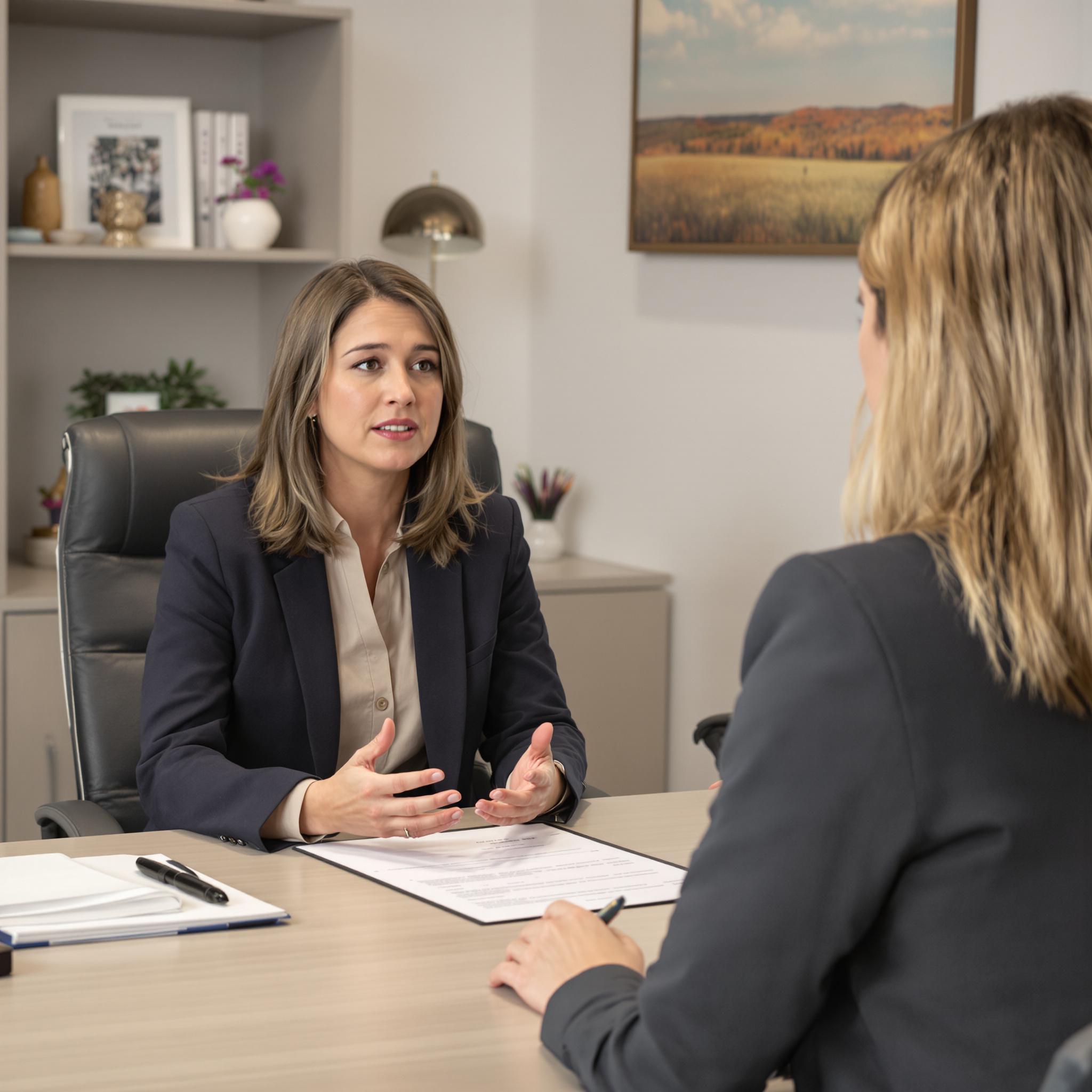 A female lawyer discusses annulment options with a concerned client in a professional office setting.