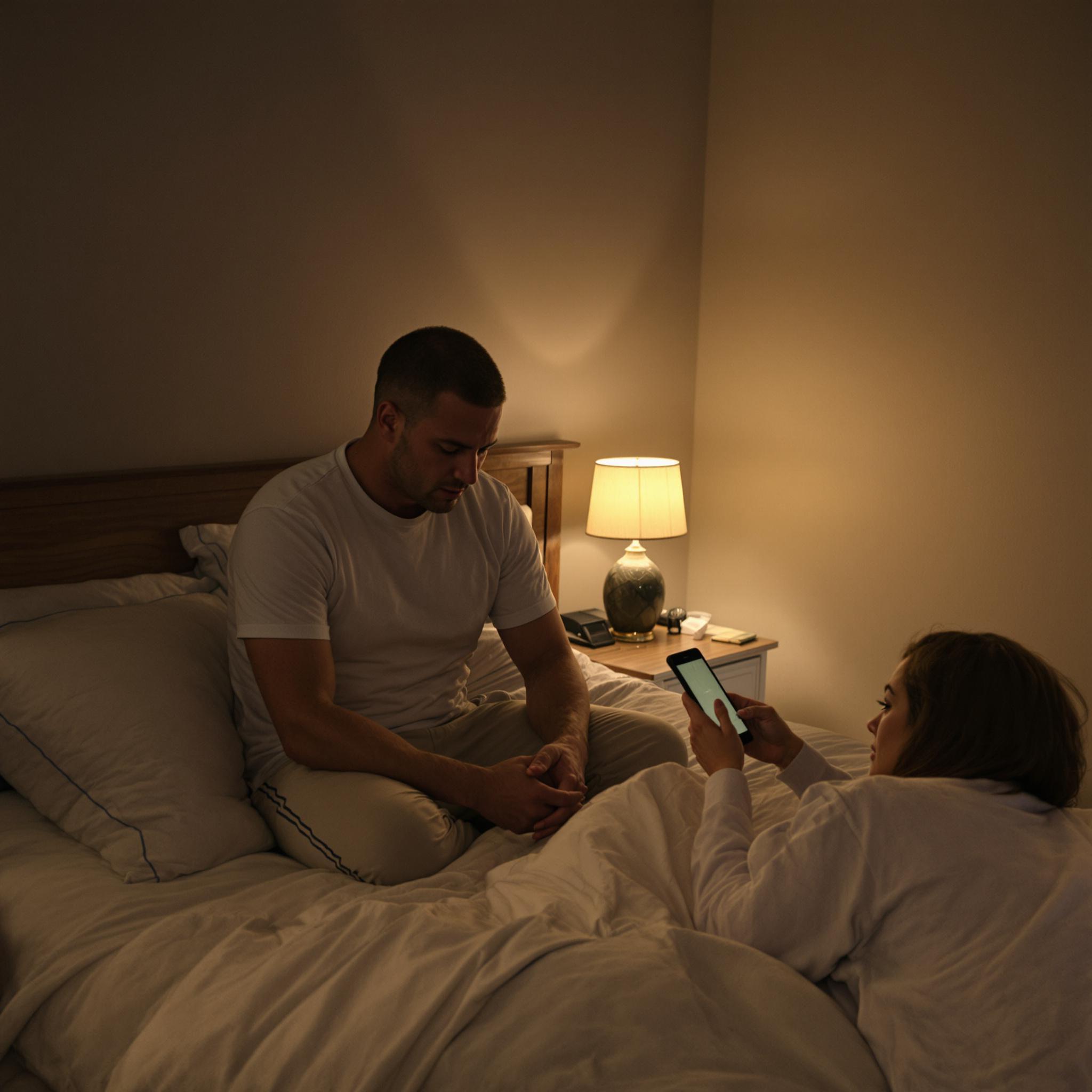 A husband sits on the edge of a bed, looking down, while his wife turns away, highlighting emotional distance in their relationship.