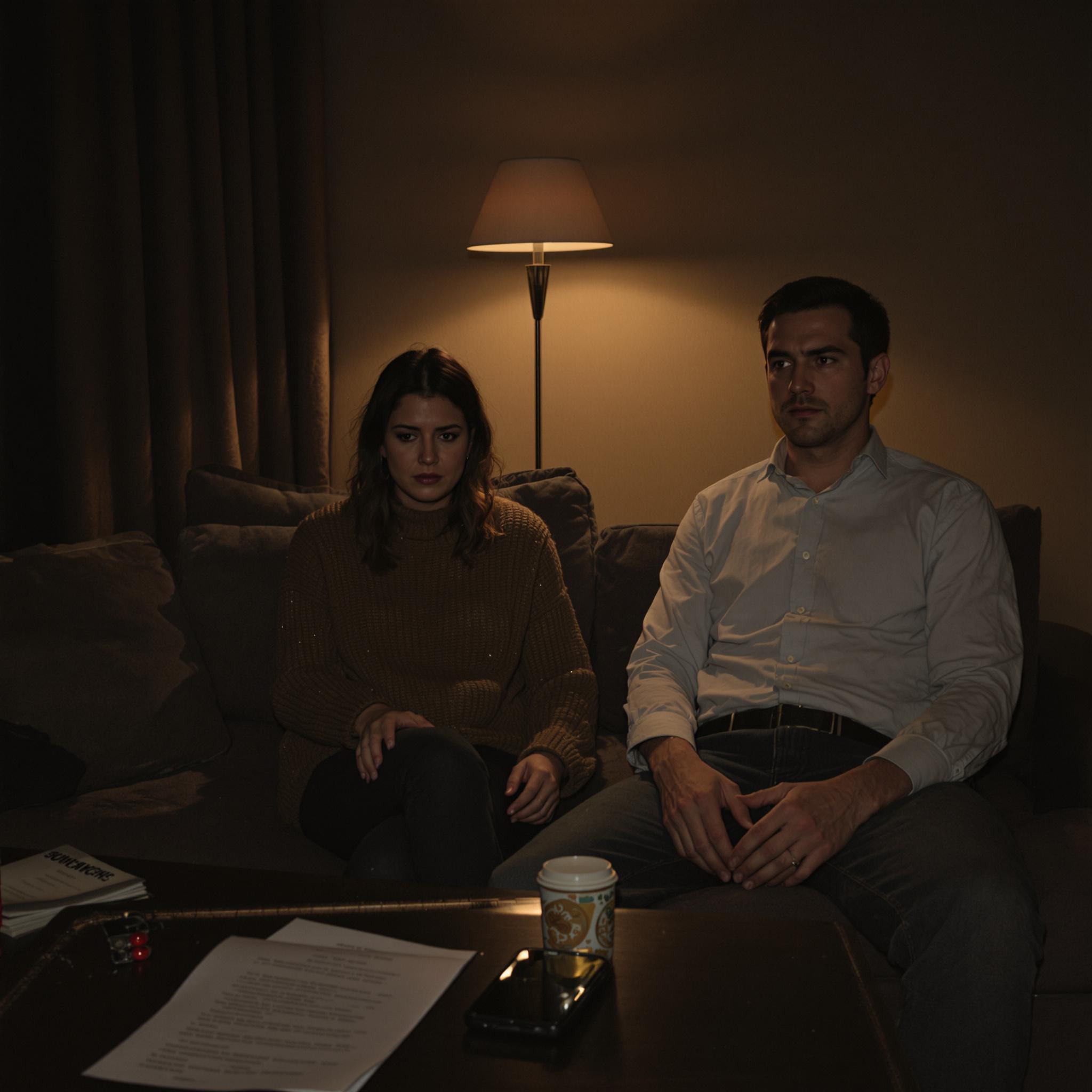 A married couple sits apart on a couch in a dimly lit living room, their body language and expressions conveying emotional distance.