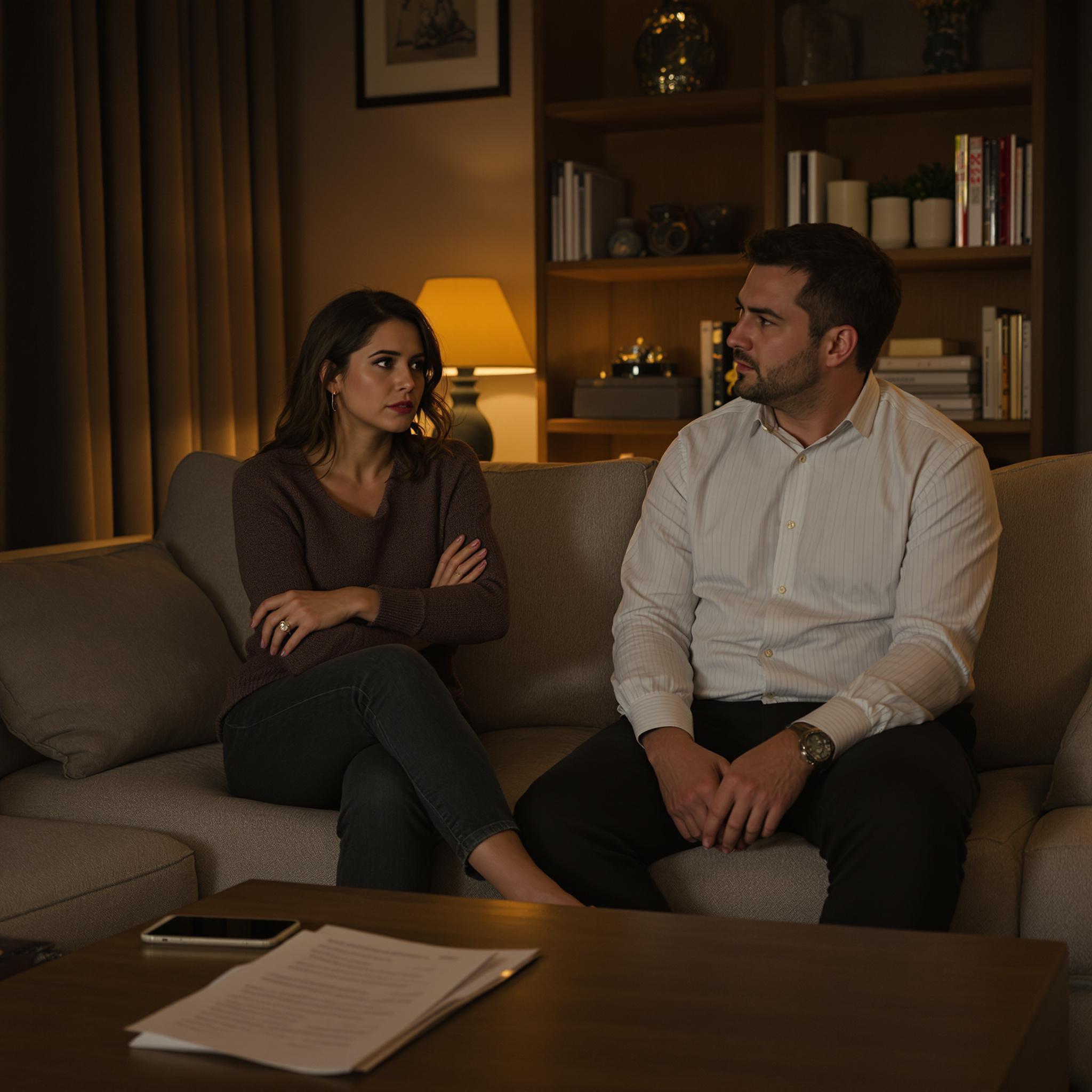 A married couple sits apart on a couch, showing emotional distance through body language—she looks concerned, while he looks away.