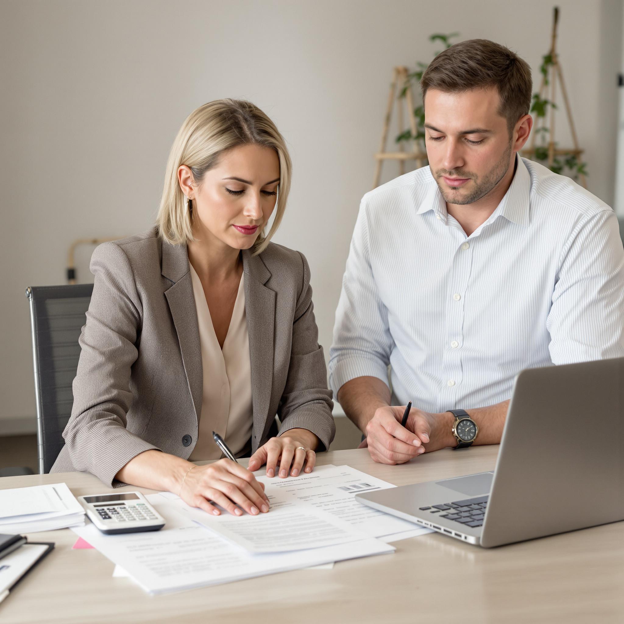 A woman reviews financial documents with an advisor in a professional setting, discussing financial planning during a divorce.