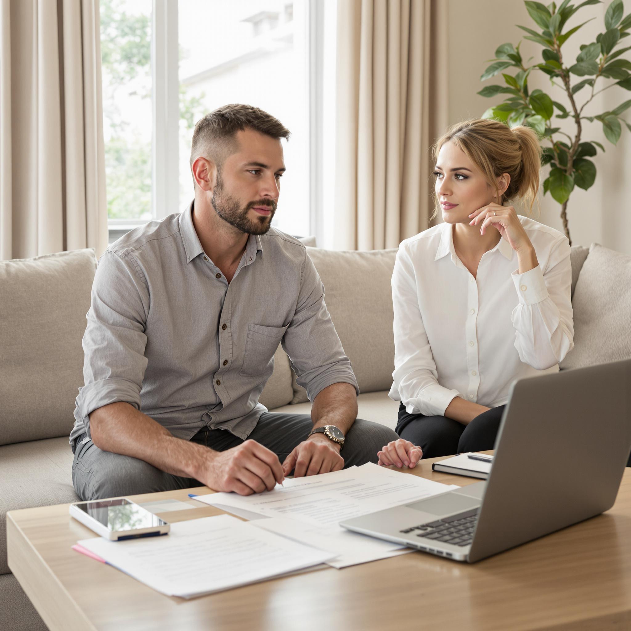 A couple sits in their living room, discussing divorce preparations with documents and a laptop on the coffee table.