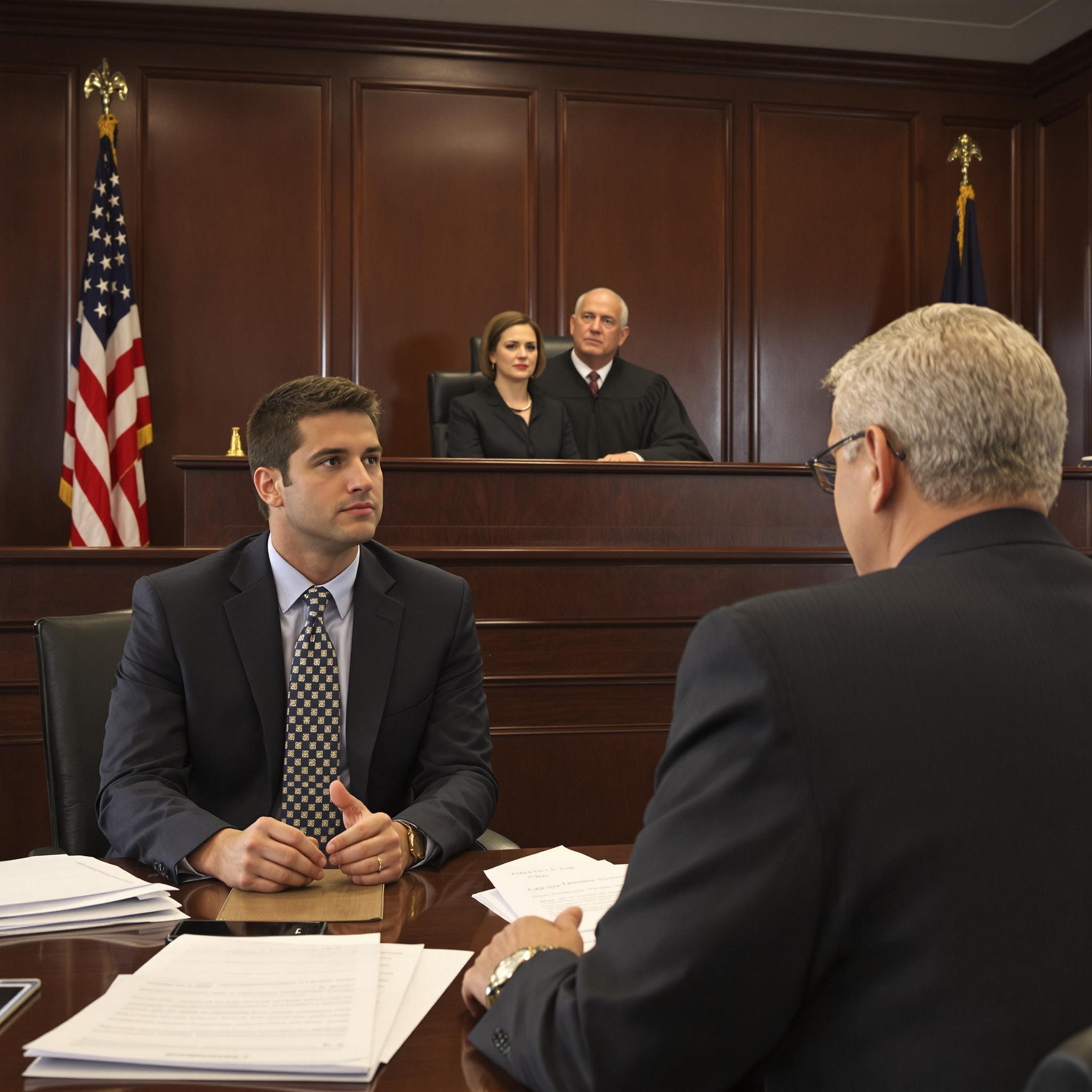 A father and his lawyer sit attentively in court while a judge listens during a custody hearing.