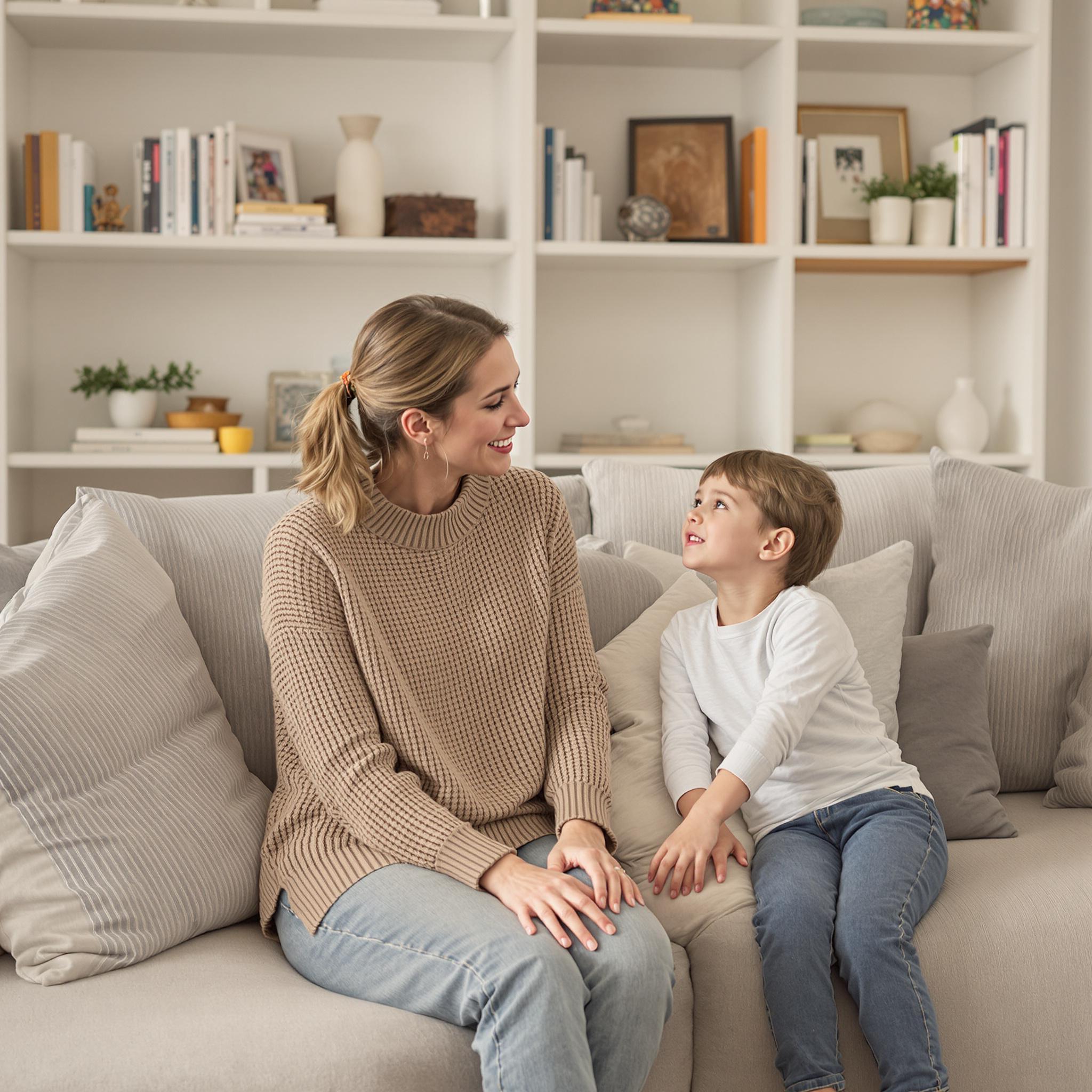 A mother reassures her child on a cozy living room couch, offering warmth and stability during a custody discussion.