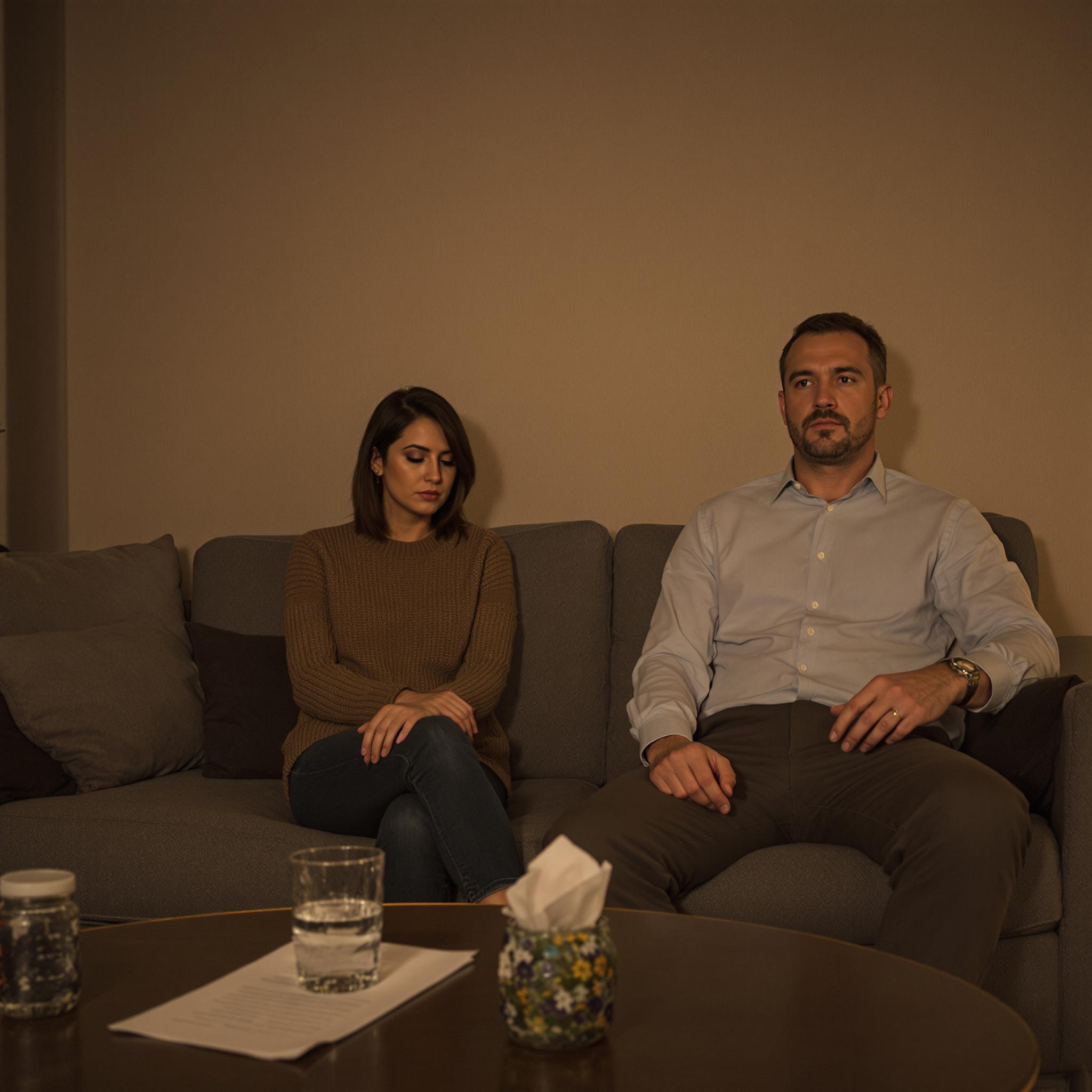 A couple sits apart on a dimly lit couch, lost in thought, reflecting on their relationship after infidelity.