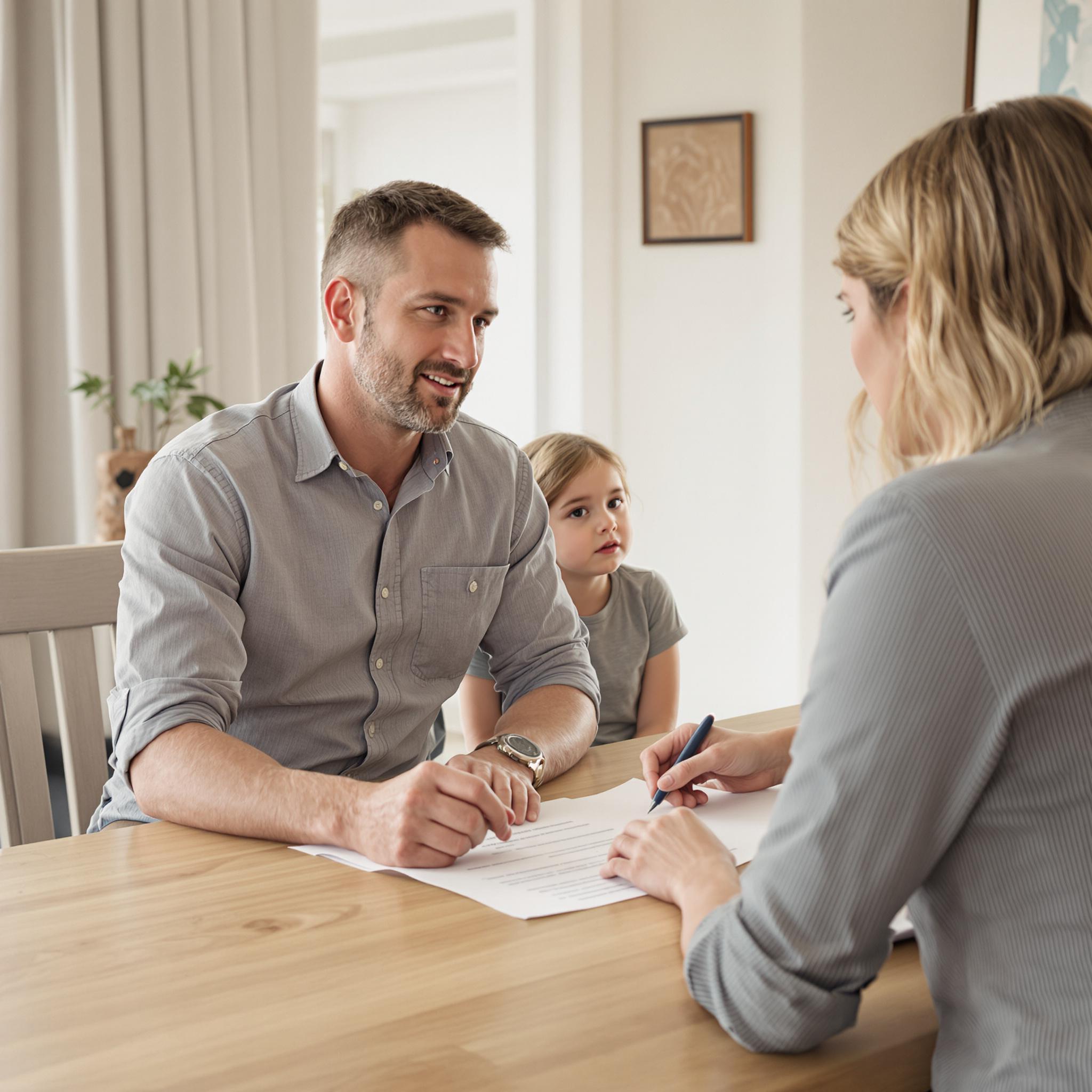 A separated mother and father discuss child support at their dining table while their child listens nearby in a calm setting.