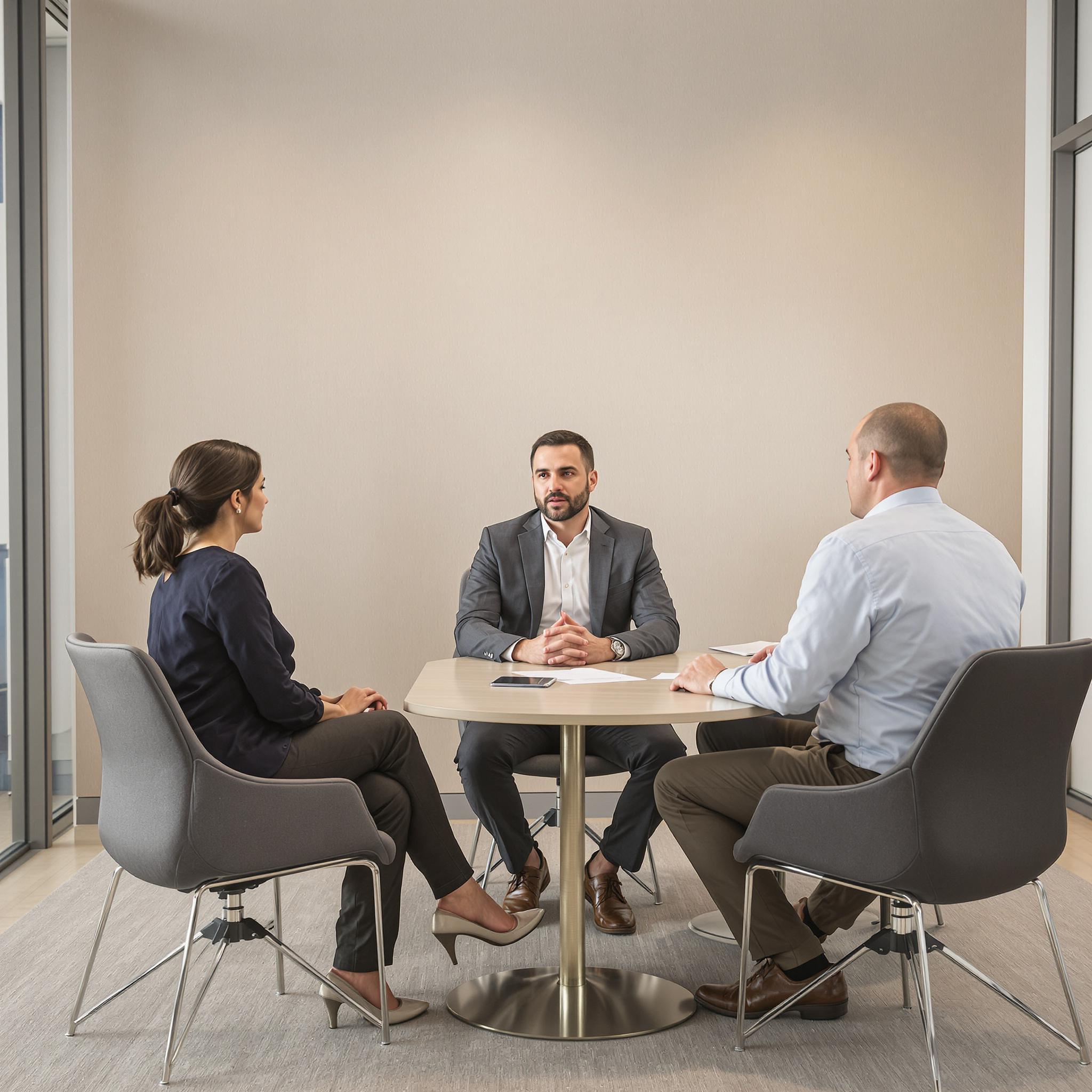 A mediator guides a constructive discussion between two divorcing spouses in a neutral office setting.