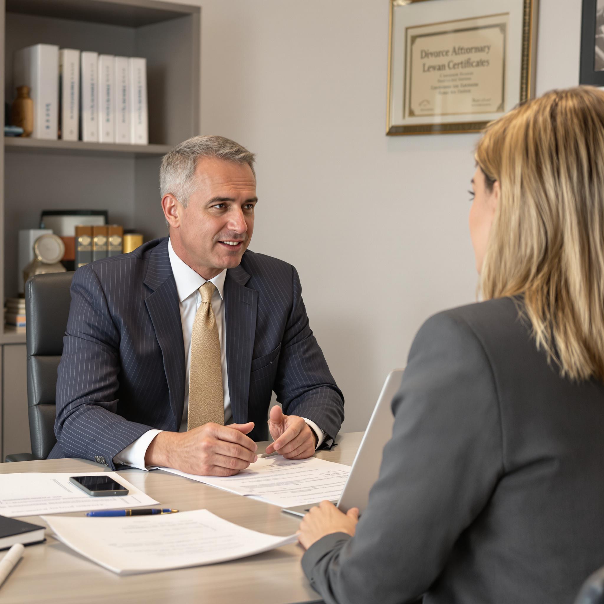 A divorce attorney consults with a concerned client in a professional office, discussing legal options in a supportive setting.