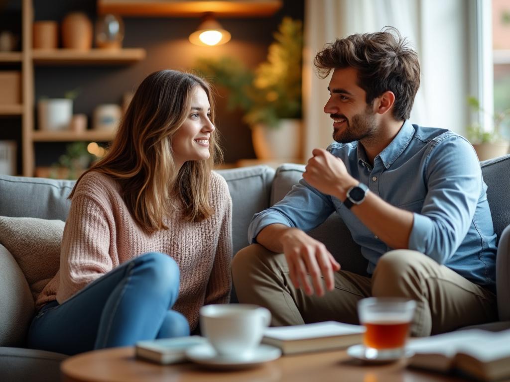 Two friends share a supportive conversation in a warm, cozy living room, creating an atmosphere of understanding.