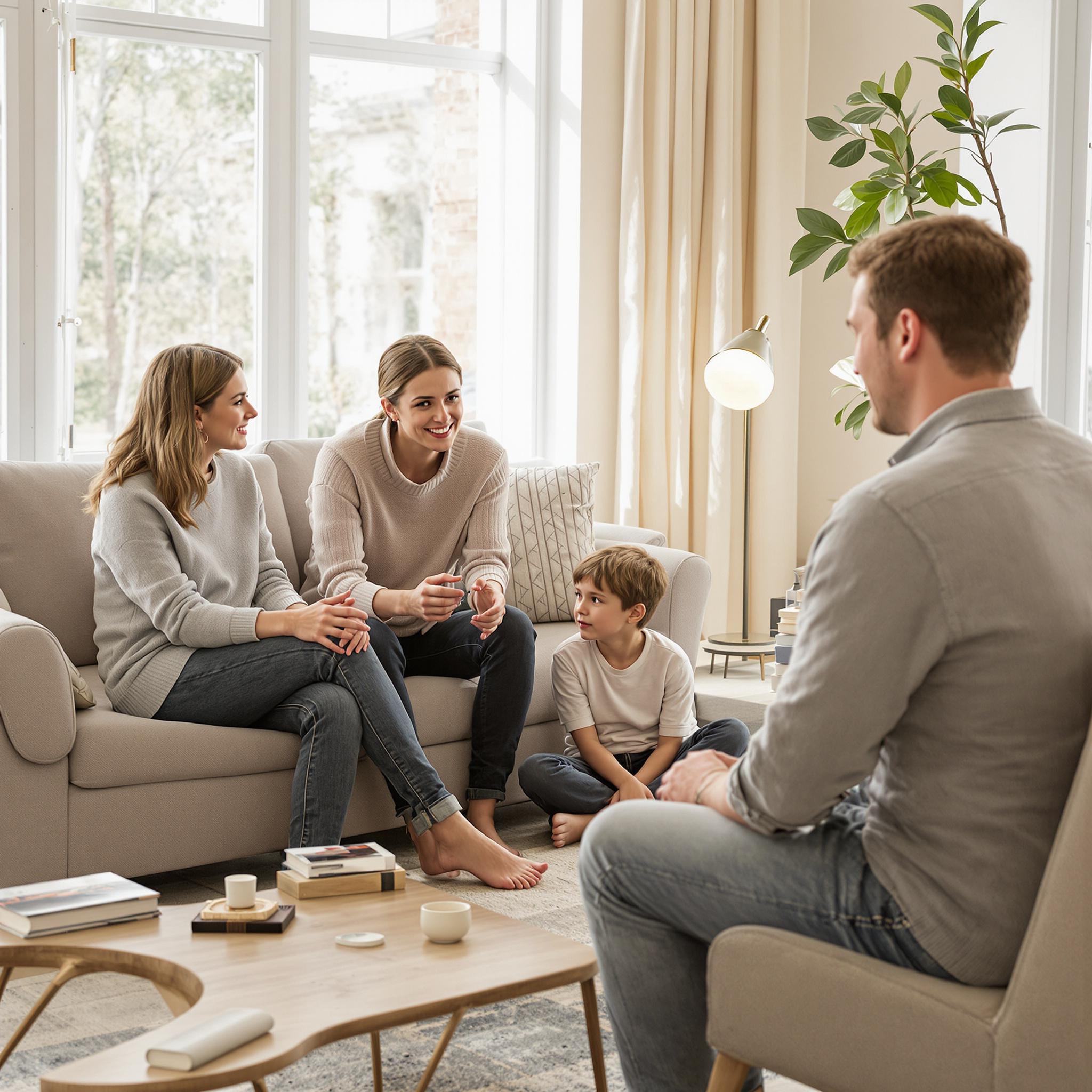 **Alt Text:** A divorced couple talks with their two children in a warm living room, fostering support and reassurance during family changes.