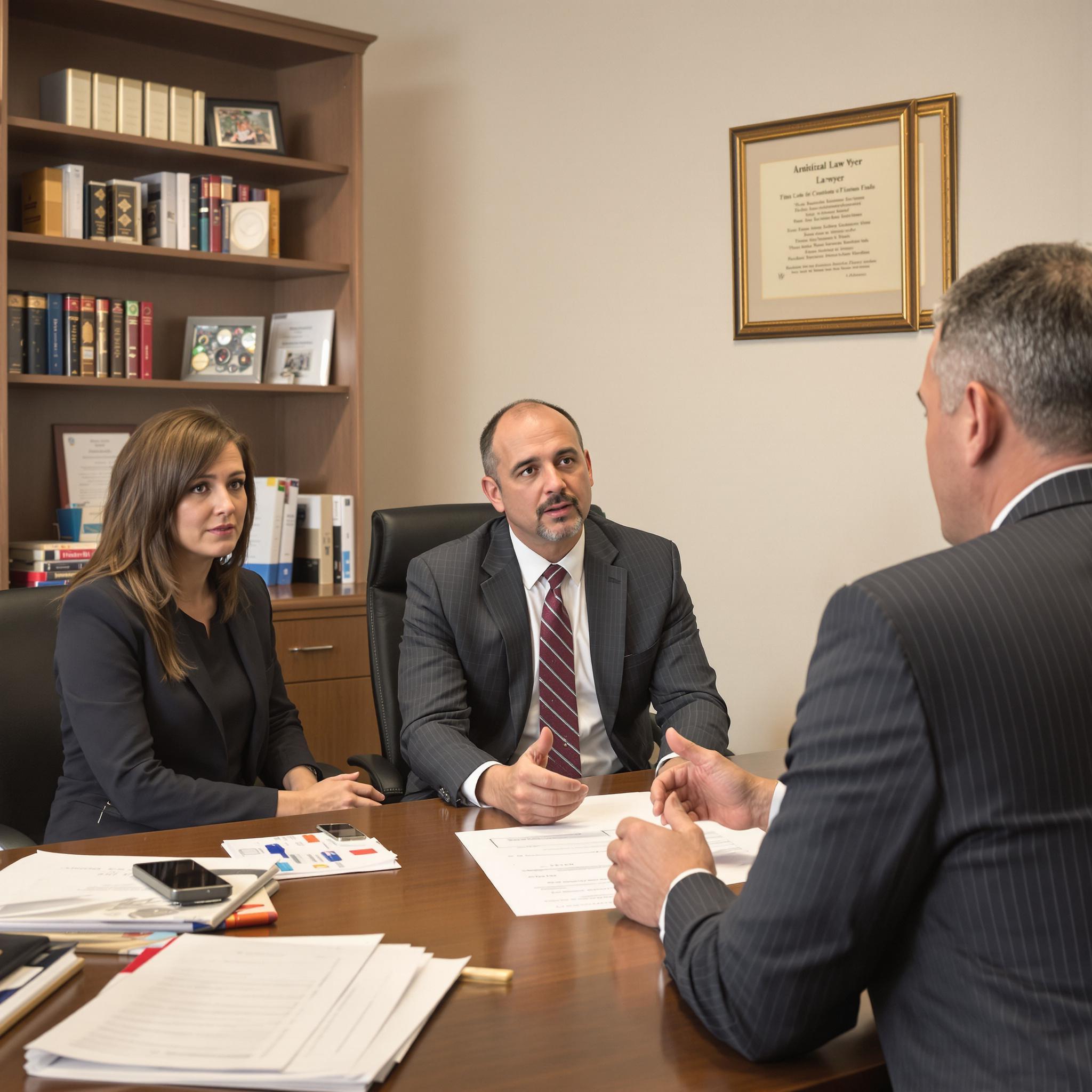 A divorced couple discusses child custody and support with their lawyer in a professional office setting.