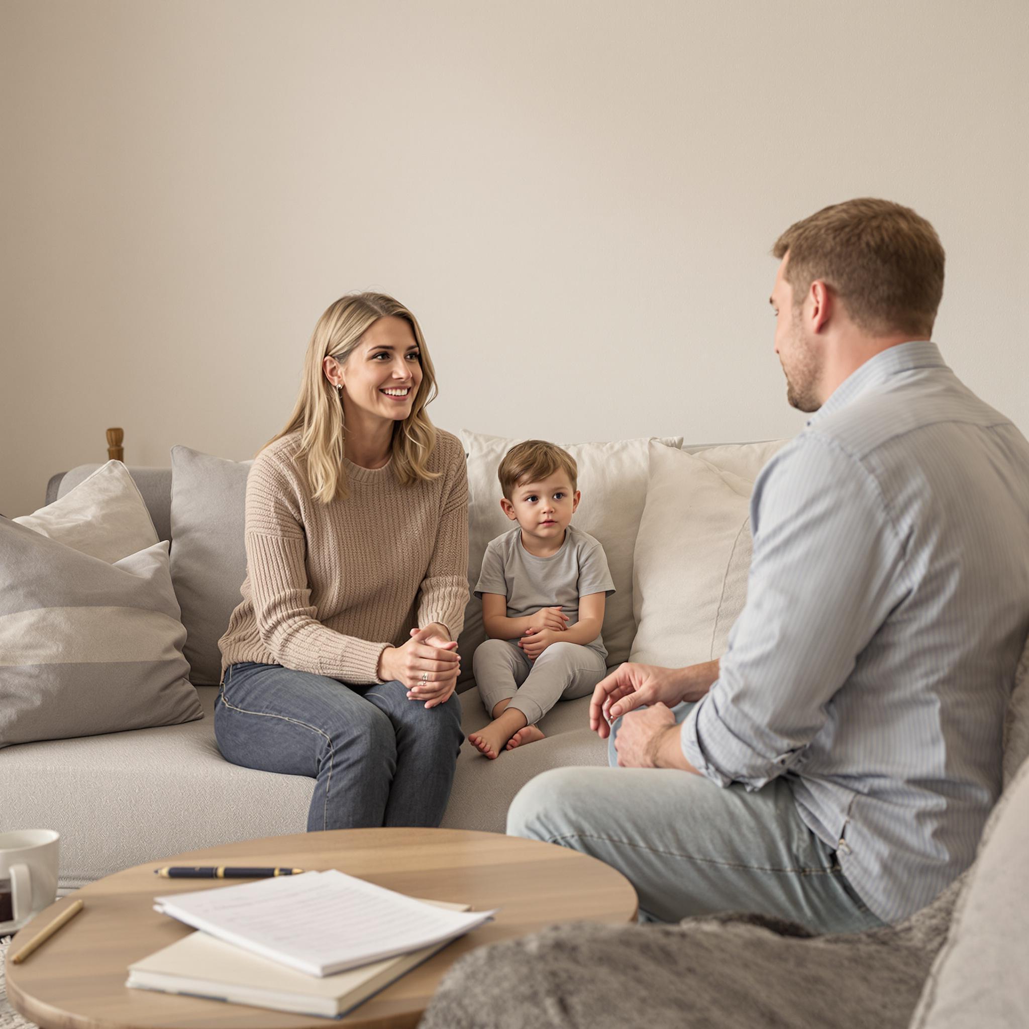 **Alt Text:** A divorced couple discusses co-parenting plans while their child listens nearby in a calm family living room.