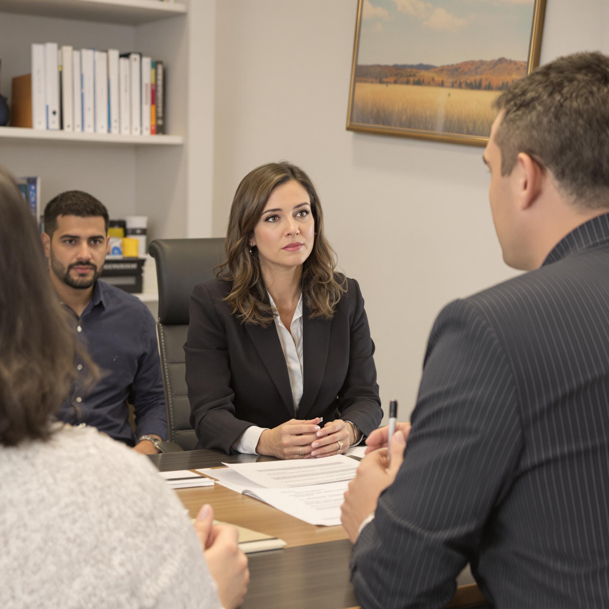 A family law attorney consults with two parents about child custody arrangements in a professional office setting.