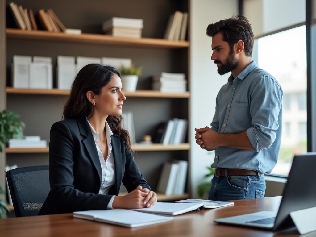 A lawyer speaks with her client about divorce in a modern office, conveying a serious and focused atmosphere.