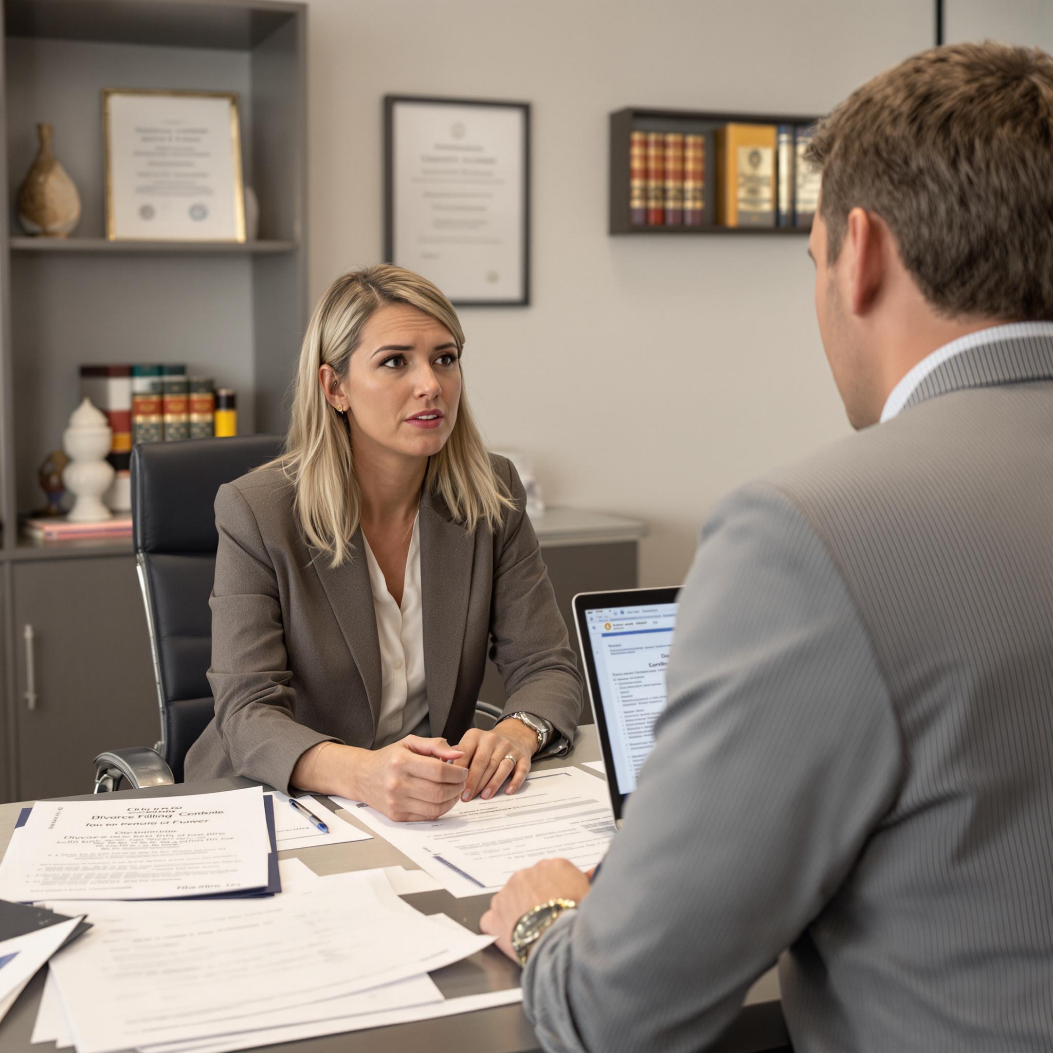 A divorce attorney consults with a client in a Tempe law office, discussing legal steps with documents and a laptop on the desk.