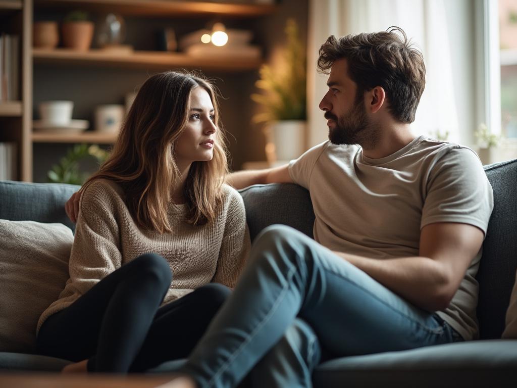 Recently married couple in a cozy living room, engaged in a serious discussion about their impending divorce.