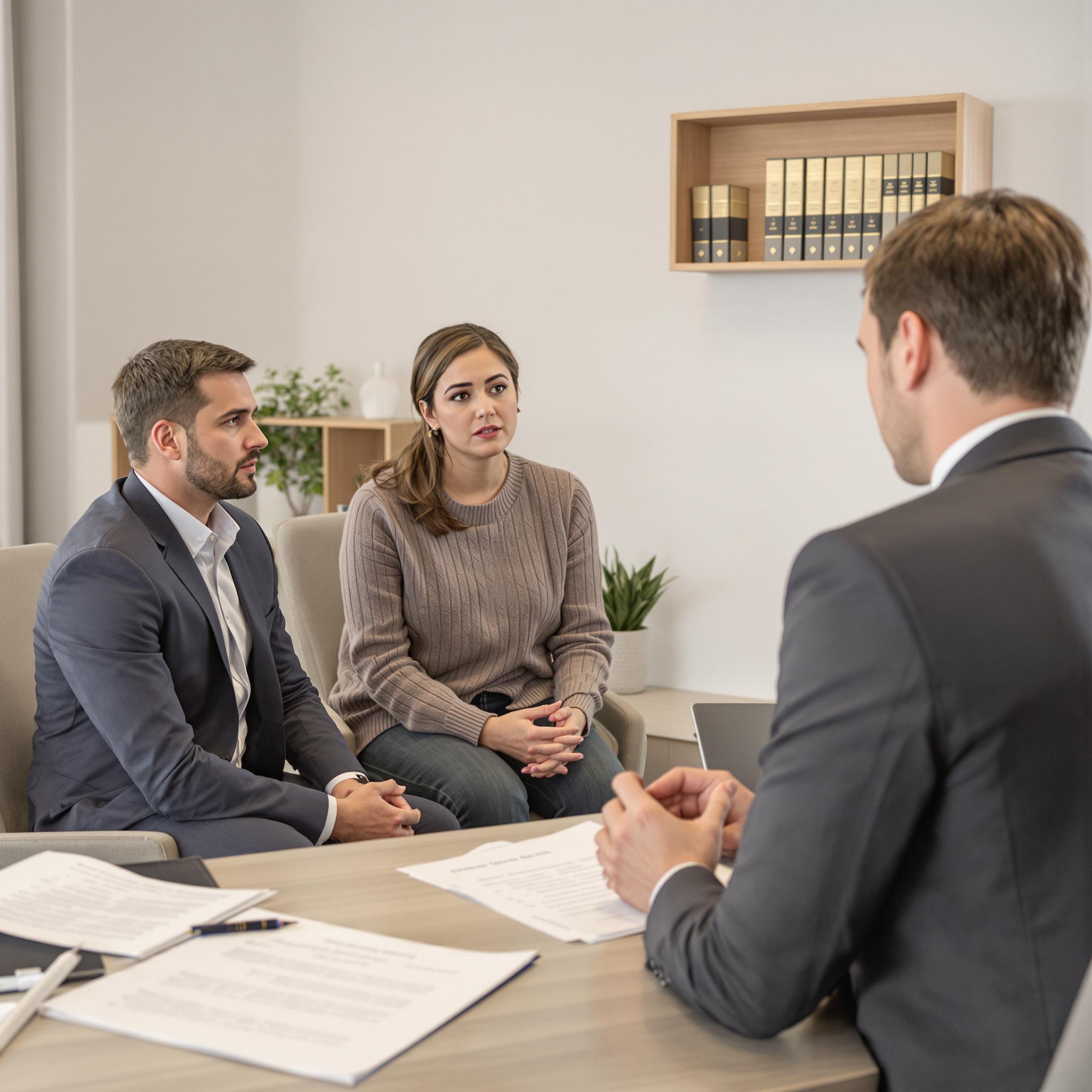 A family law attorney advises a concerned couple on legal separation in a professional office setting.