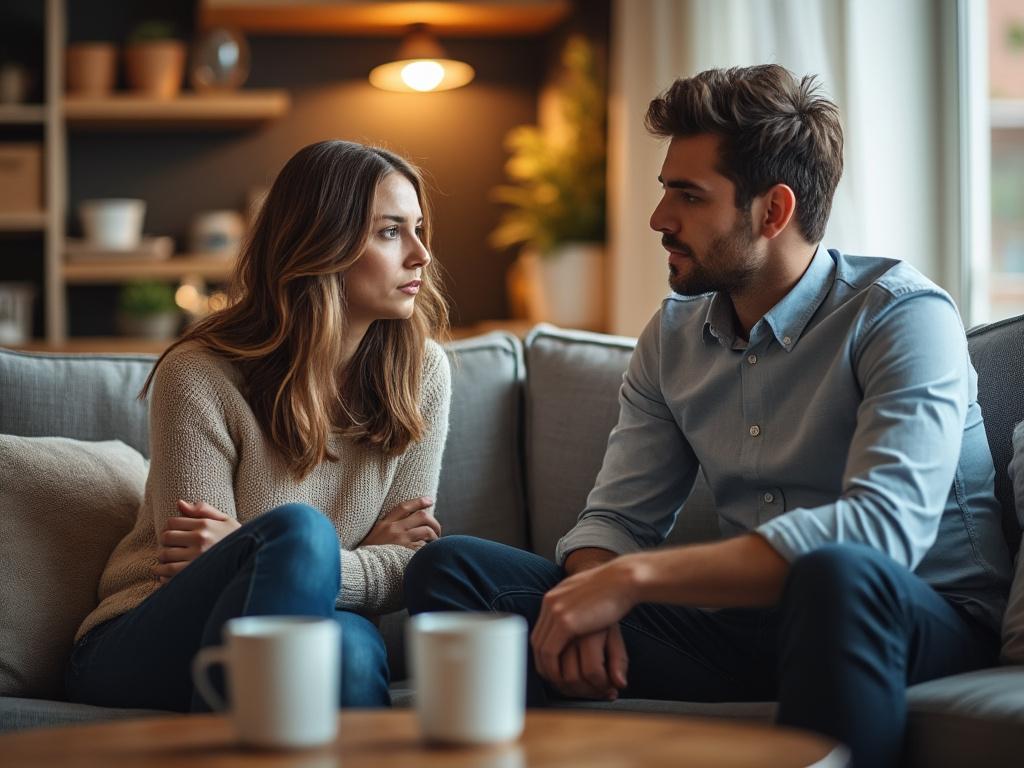 A newlywed couple sits in a cozy living room, engaging in a serious conversation about their relationship challenges.